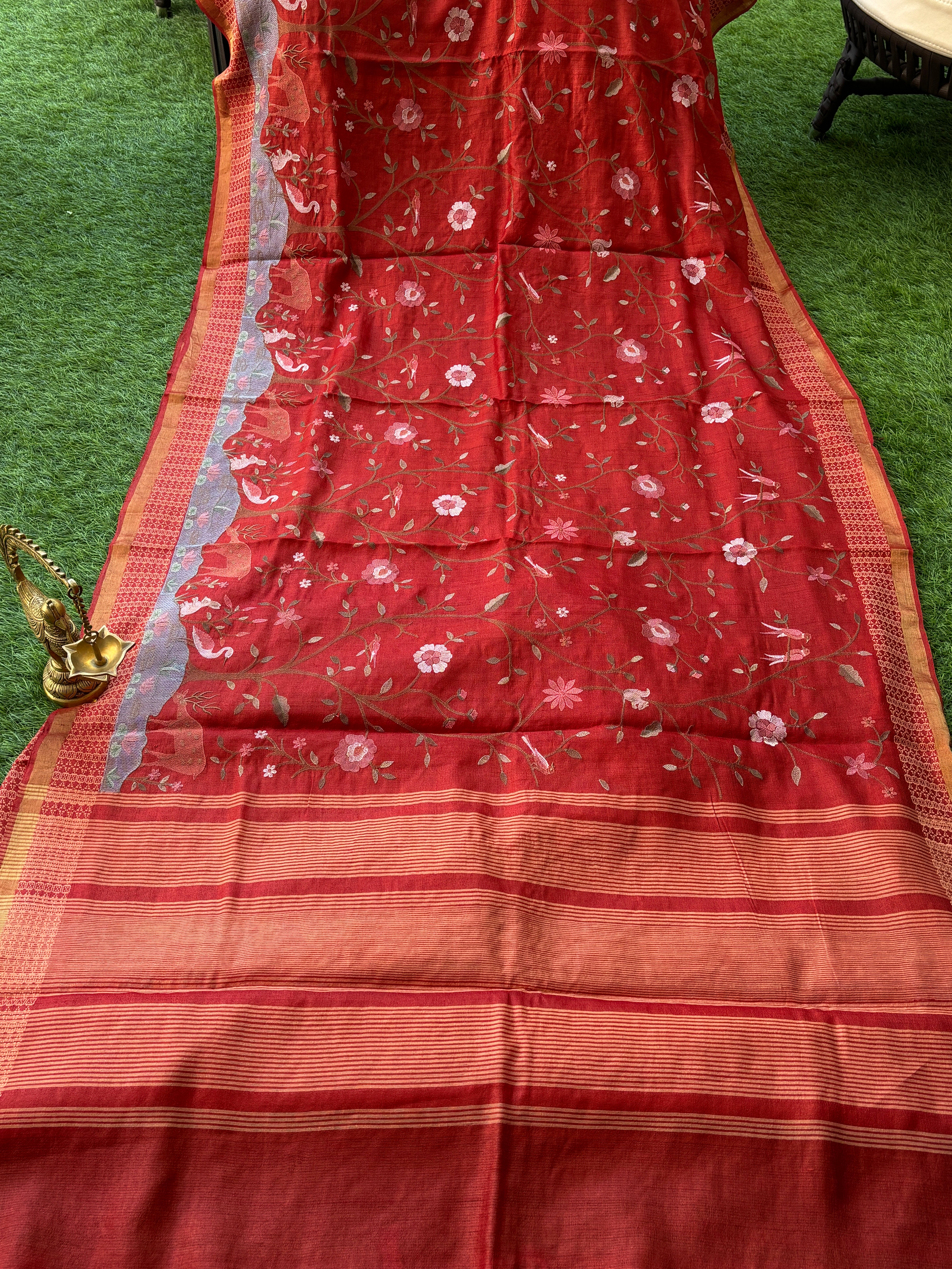 Rich Brick Red Pure Desi Tussar Silk Fabric Texture with Embroidery