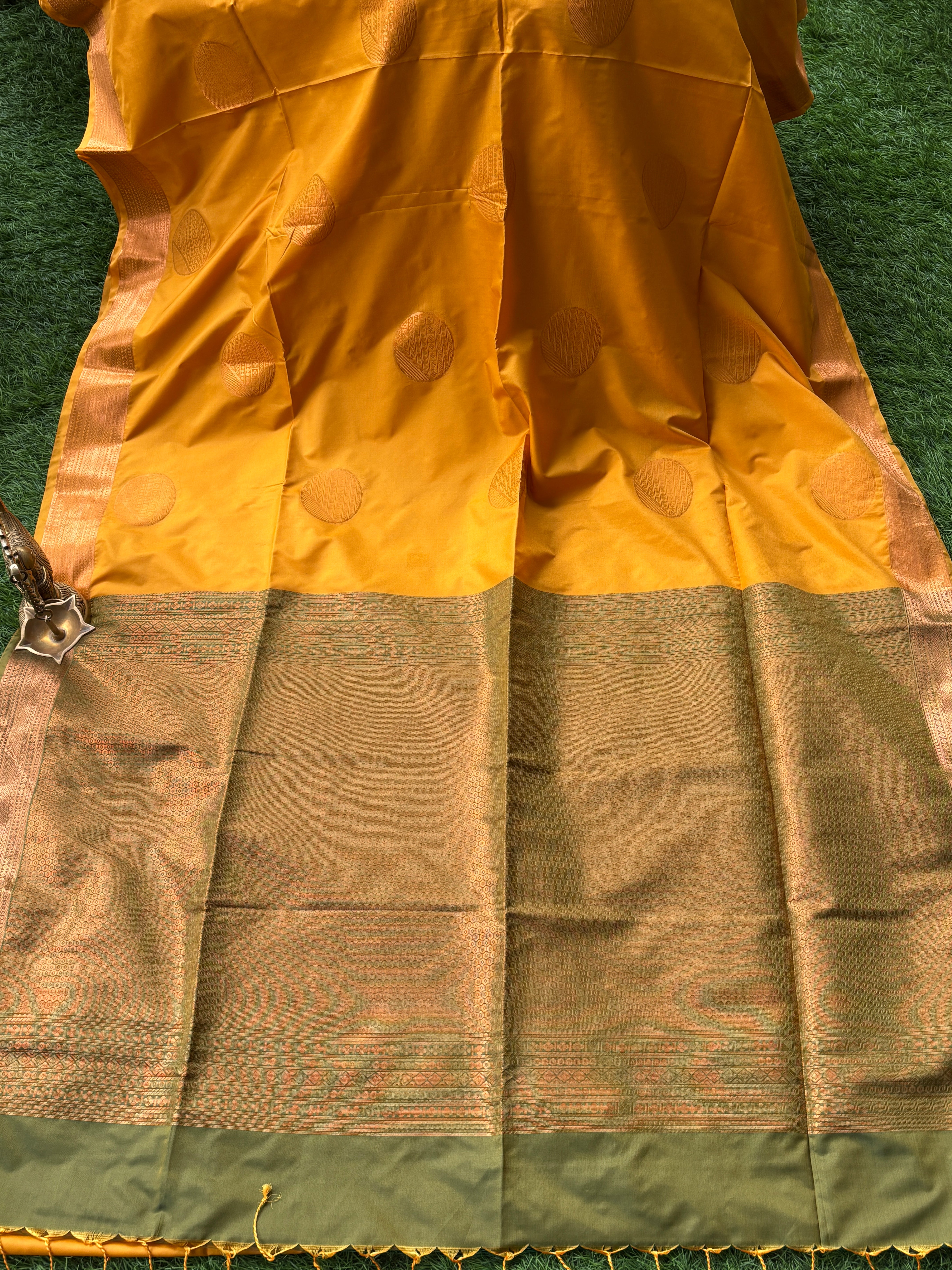 Mango Yellow Art Silk Kanjeevaram Saree with Green Pallu | Chandrika Lifestyles