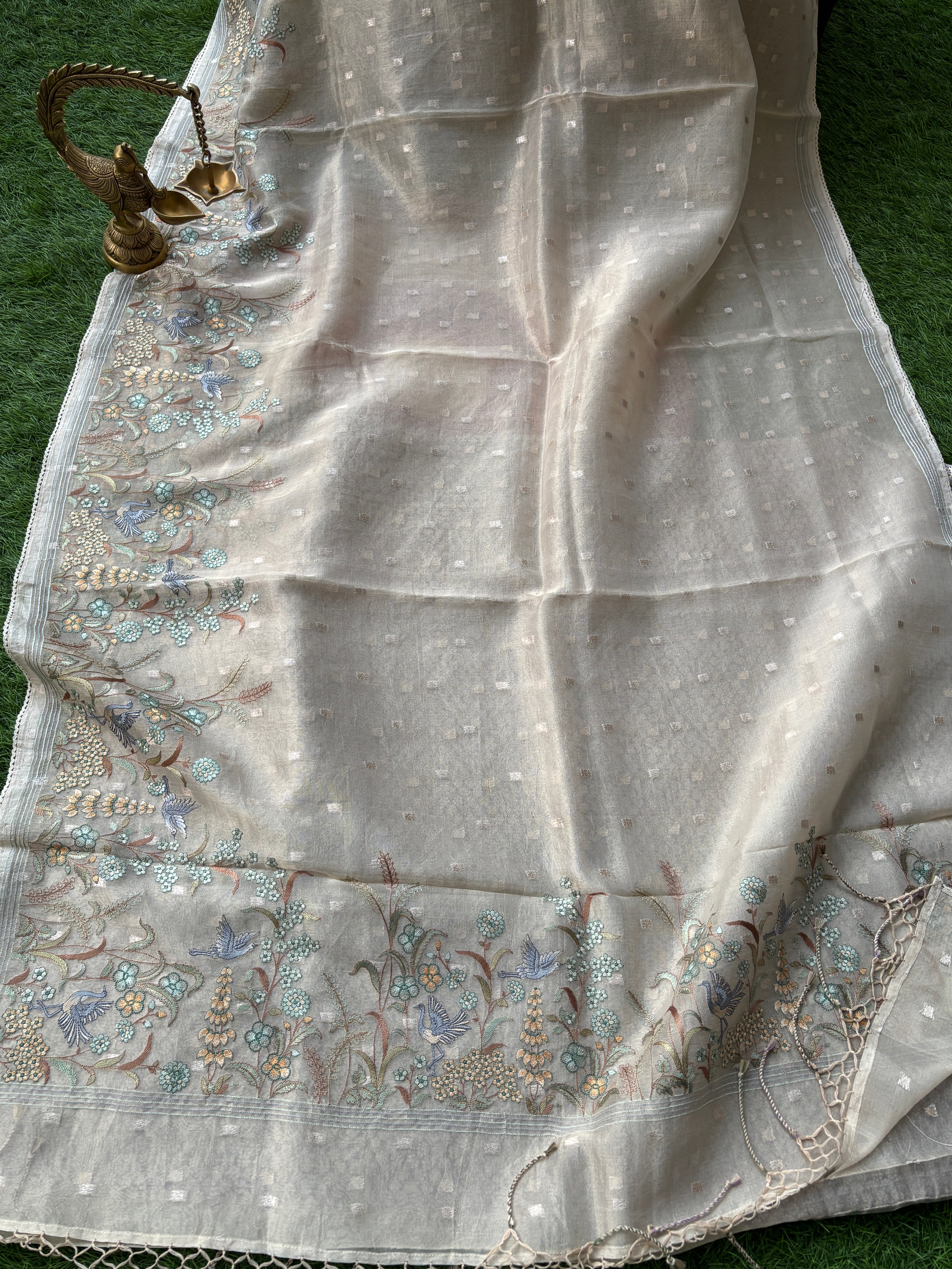 Off White Tissue Kora Saree with Figure Embroidery & Thread Butta Work | Chandrika Lifestyles
