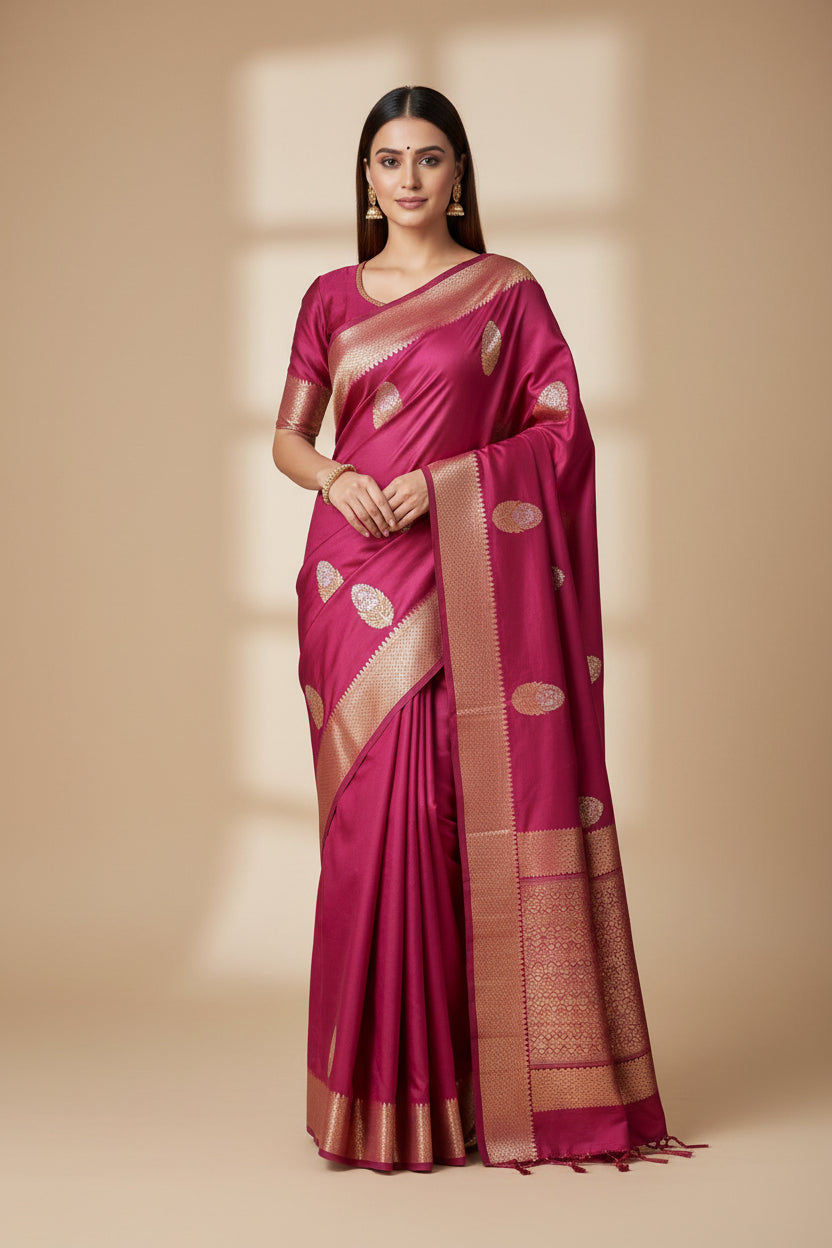 Wine Color Pure Silk Banarasi Saree with Allover Sona Rupa Zari Buttas | Chandrika Lifestyles