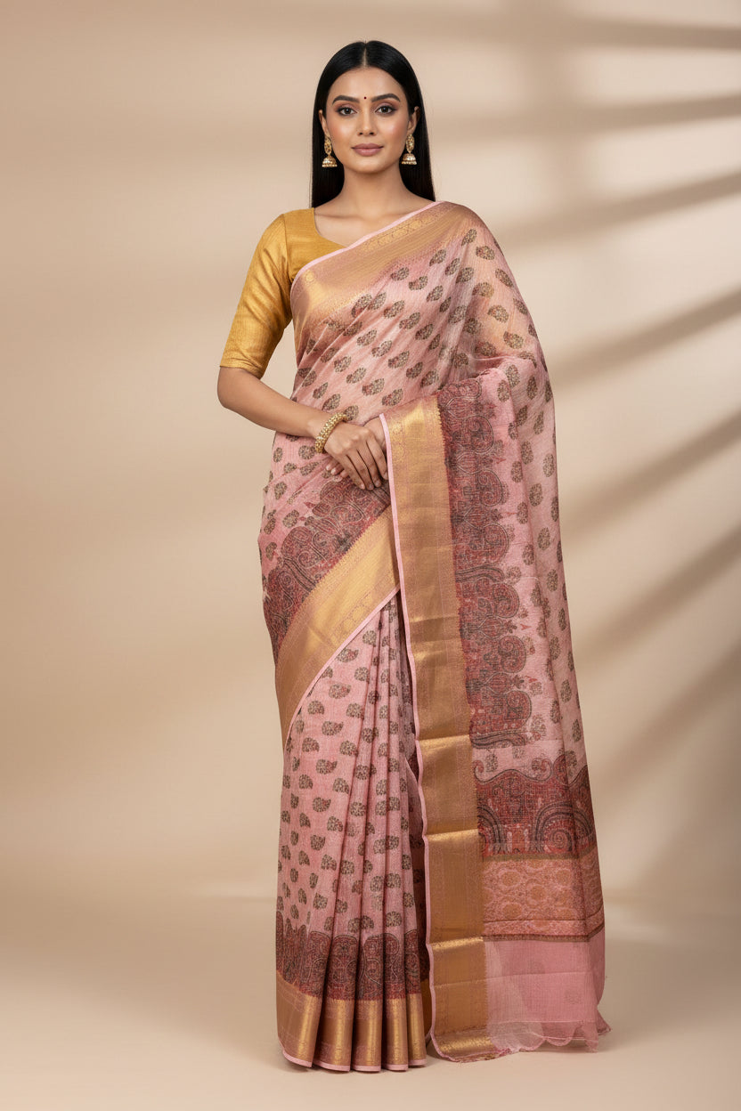 Baby Pink Pure Organza Saree with Zari Checks, Digital Print & Zari Border | Chandrika Lifestyles