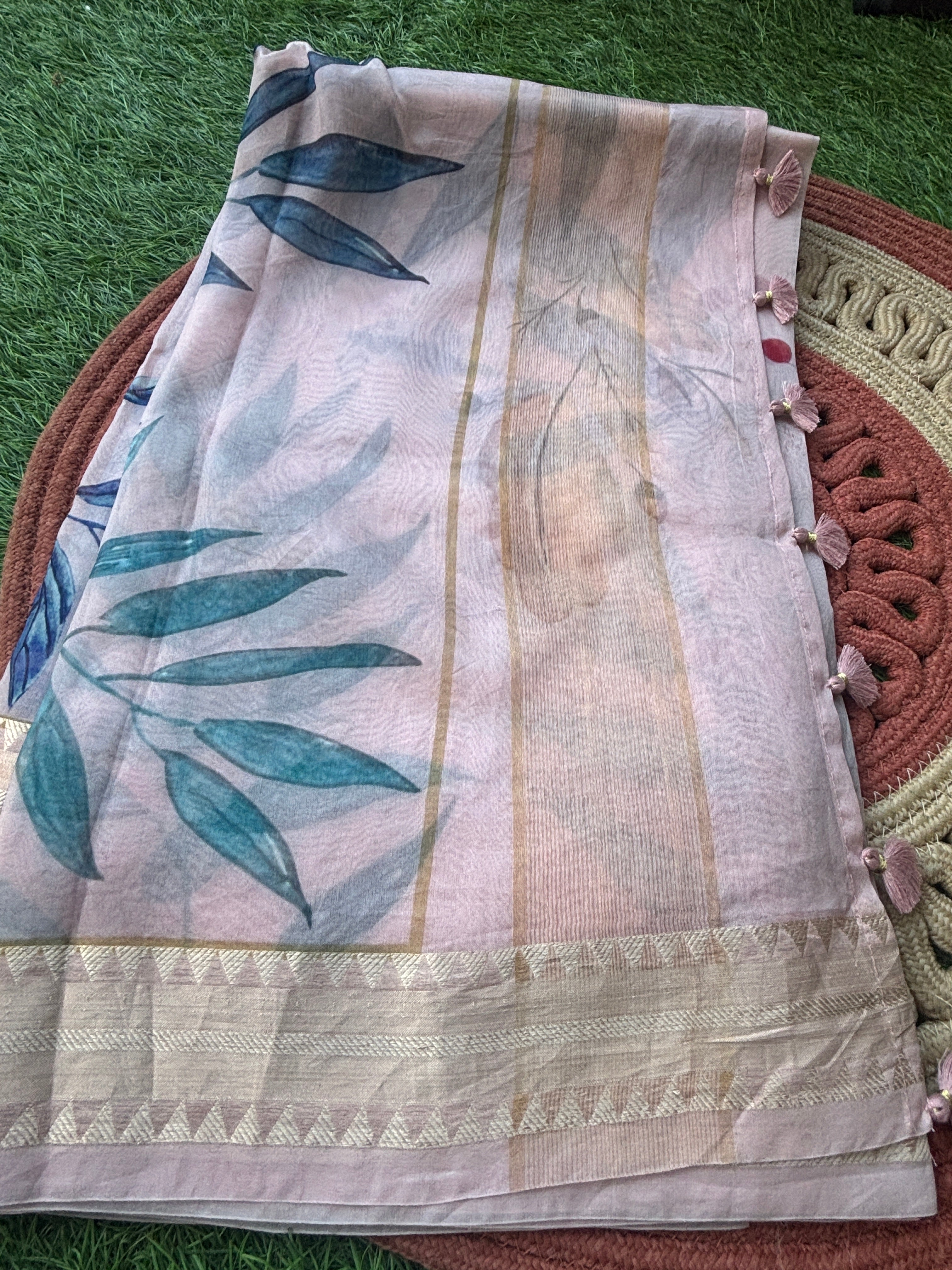 Baby Pink Pure Organza Digital Printed Saree with Readymade Blouse