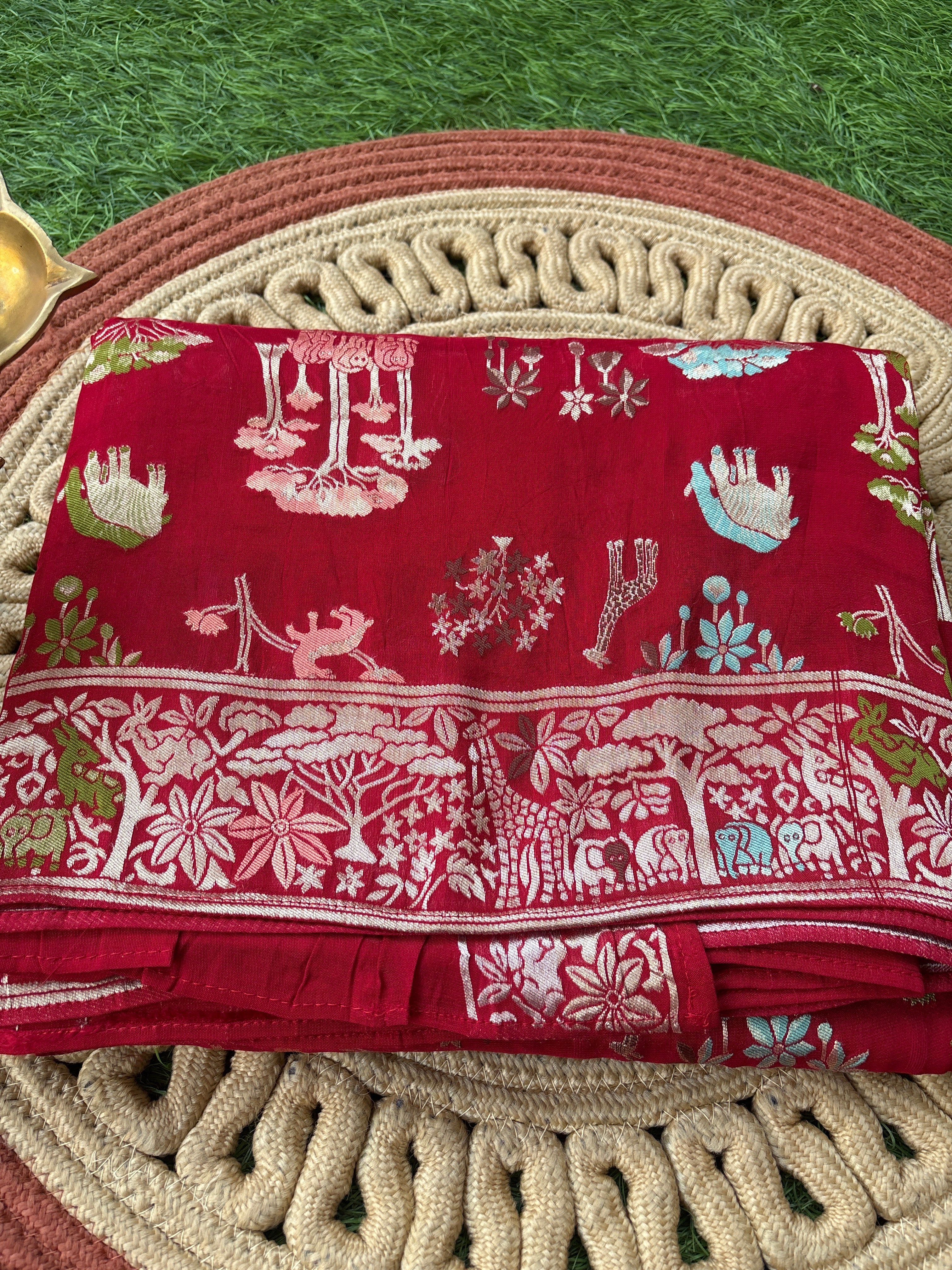 Pure Blood Red Banarasi Saree with Multicolour Animal Motifs & Silver Zari | Chandrika Lifestyles