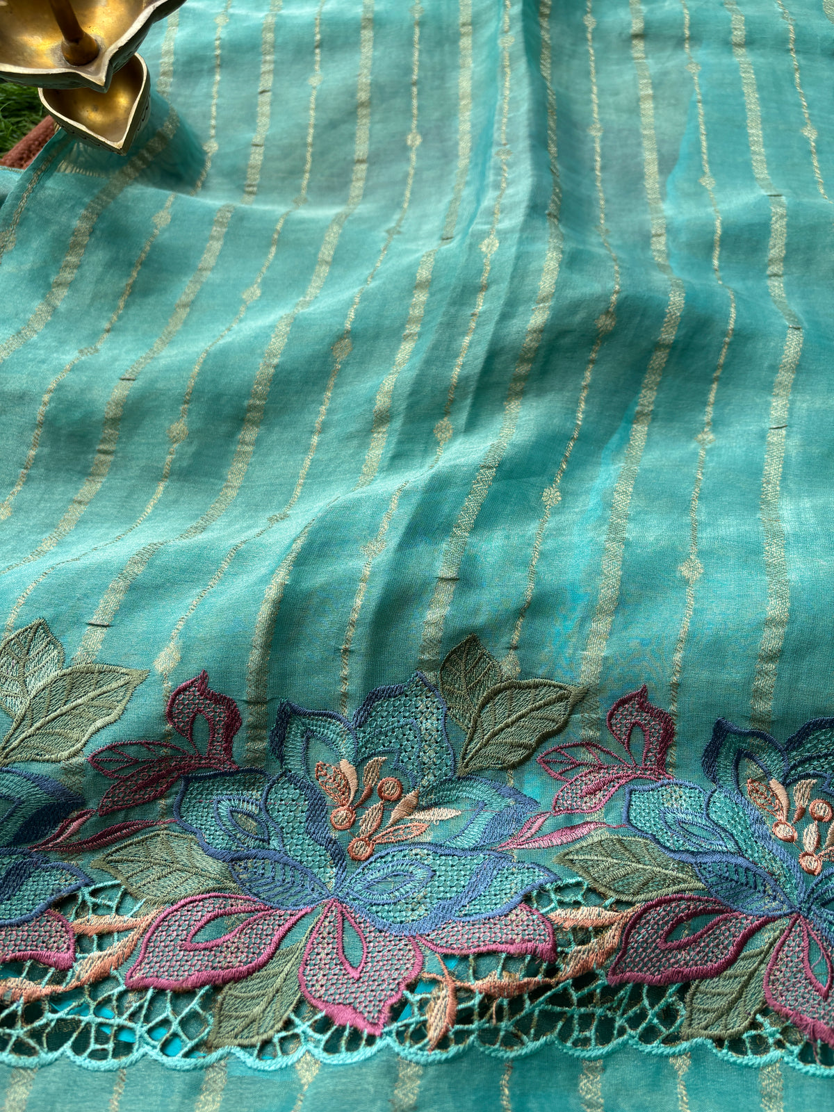 Elegant Sea Green Pure Tissue Silk Saree with All-Over Embroidery & Cutwork Design