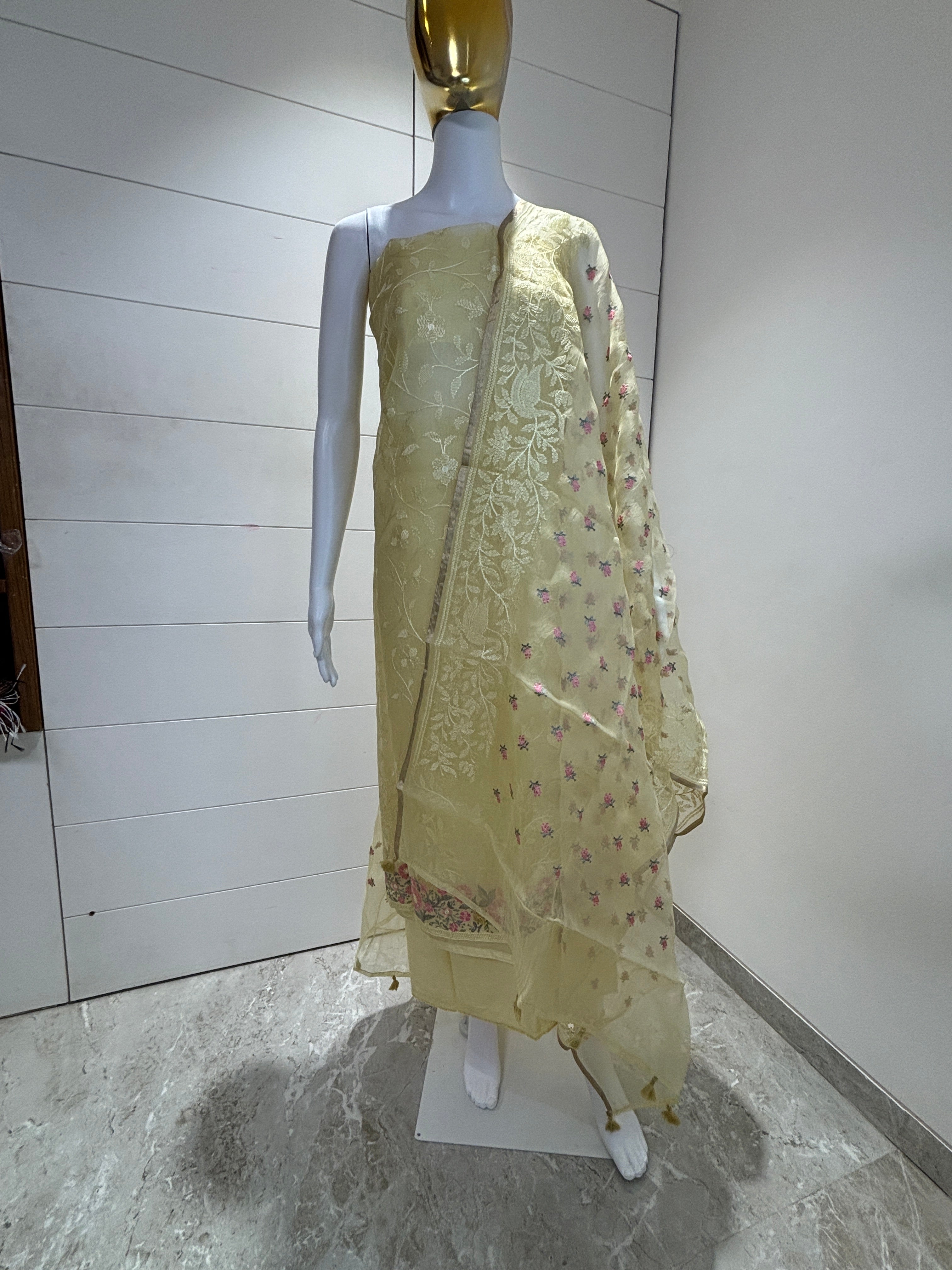 lemon yellow pure organza designer suit material with pink thread embroidery organza dupatta