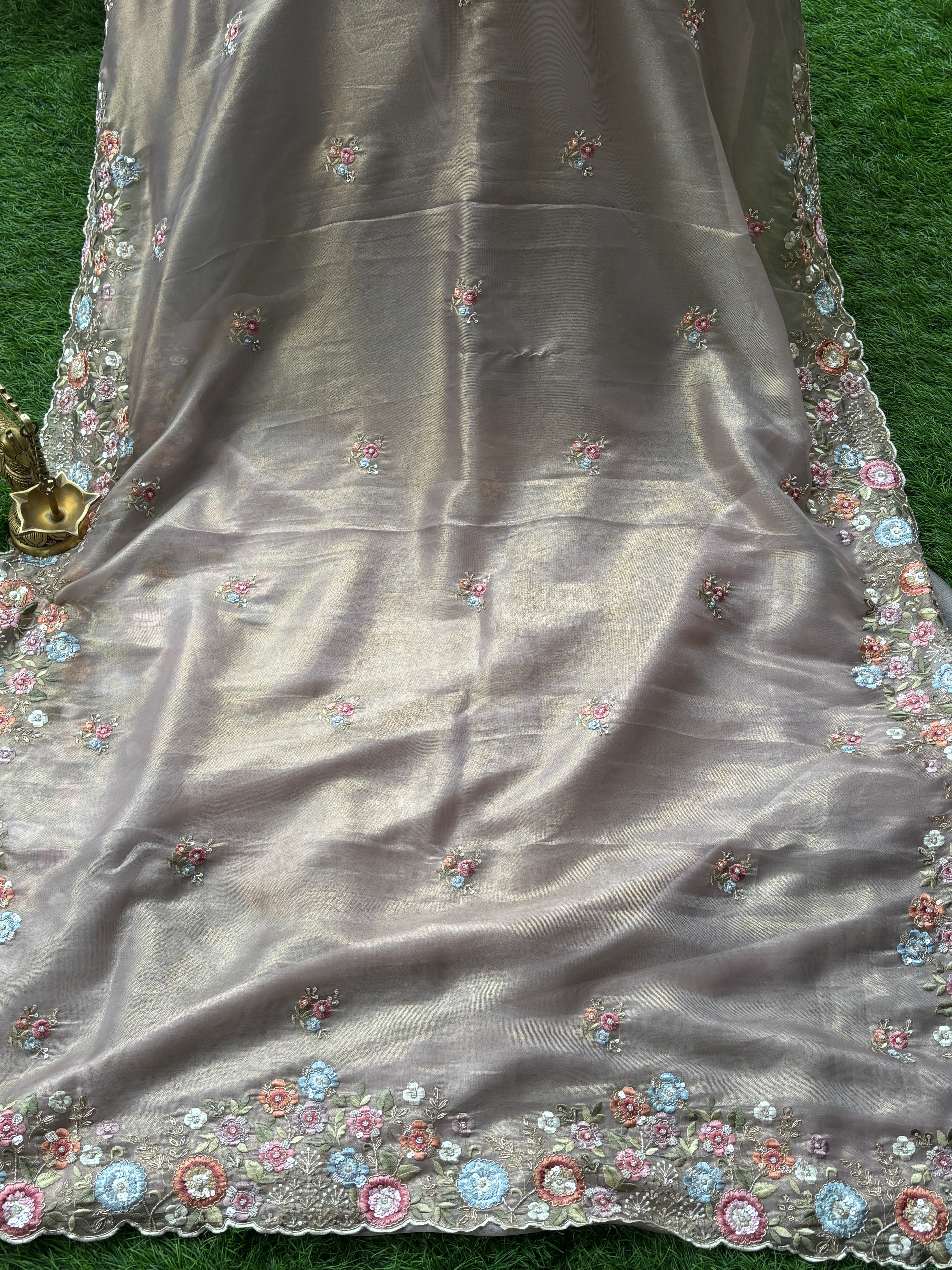 Elegant Onion Pink Tissue Net Designer Saree with Multicolor Floral Embroidery Border