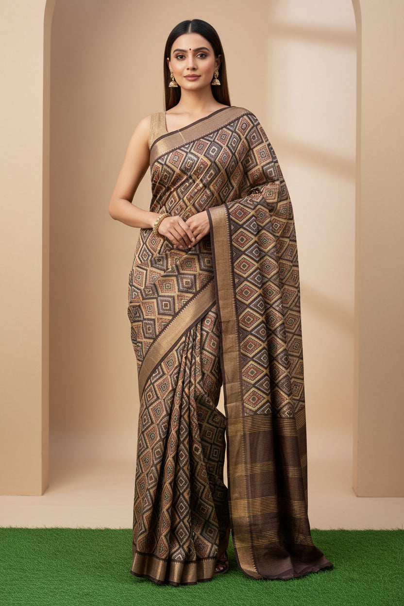 Brown Pure Tussar Silk Saree with Allover Geometric Print | Chandrika Lifestyles