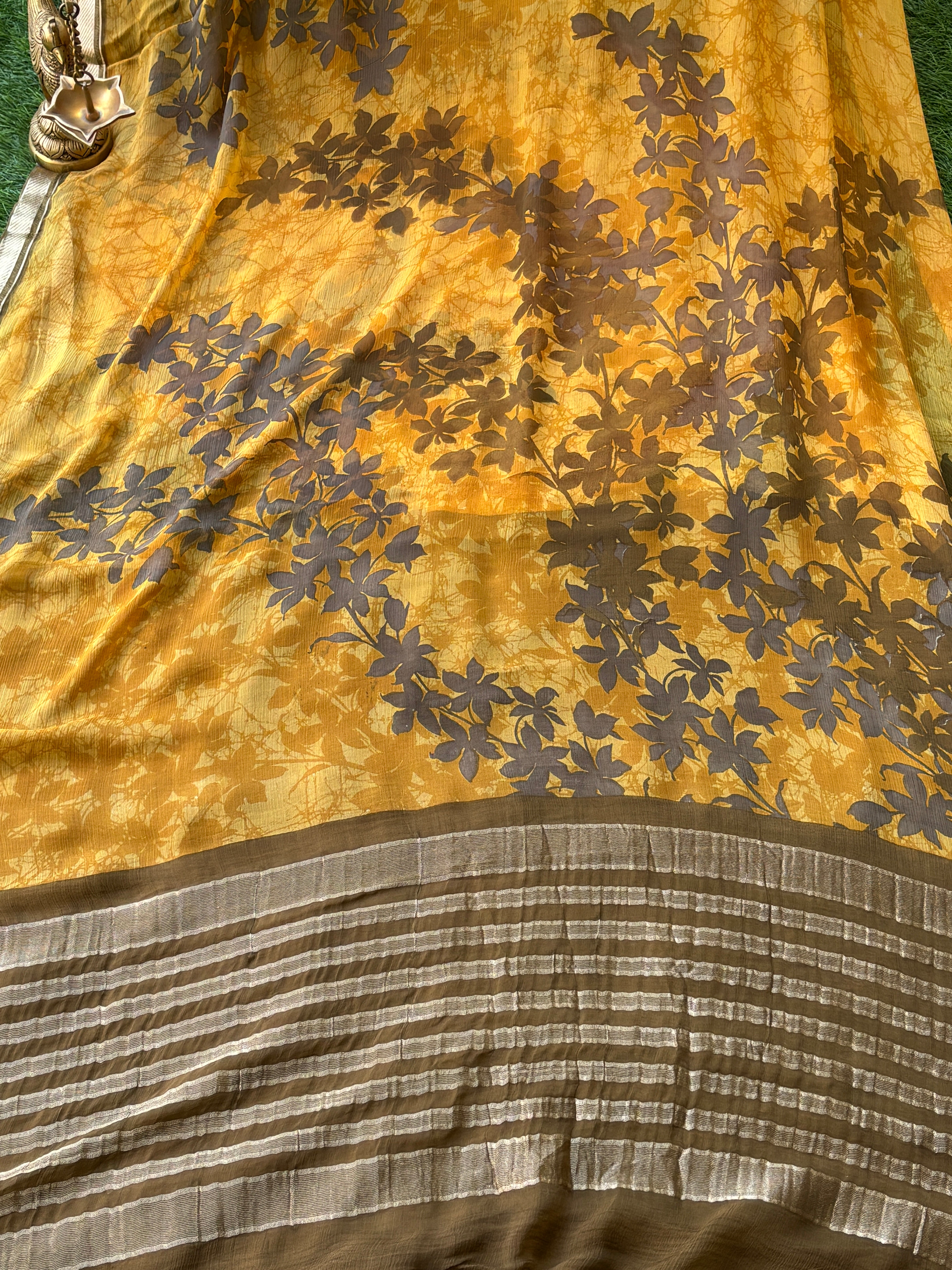 Mango Yellow Pure Georgette Printed Saree with Zari Border