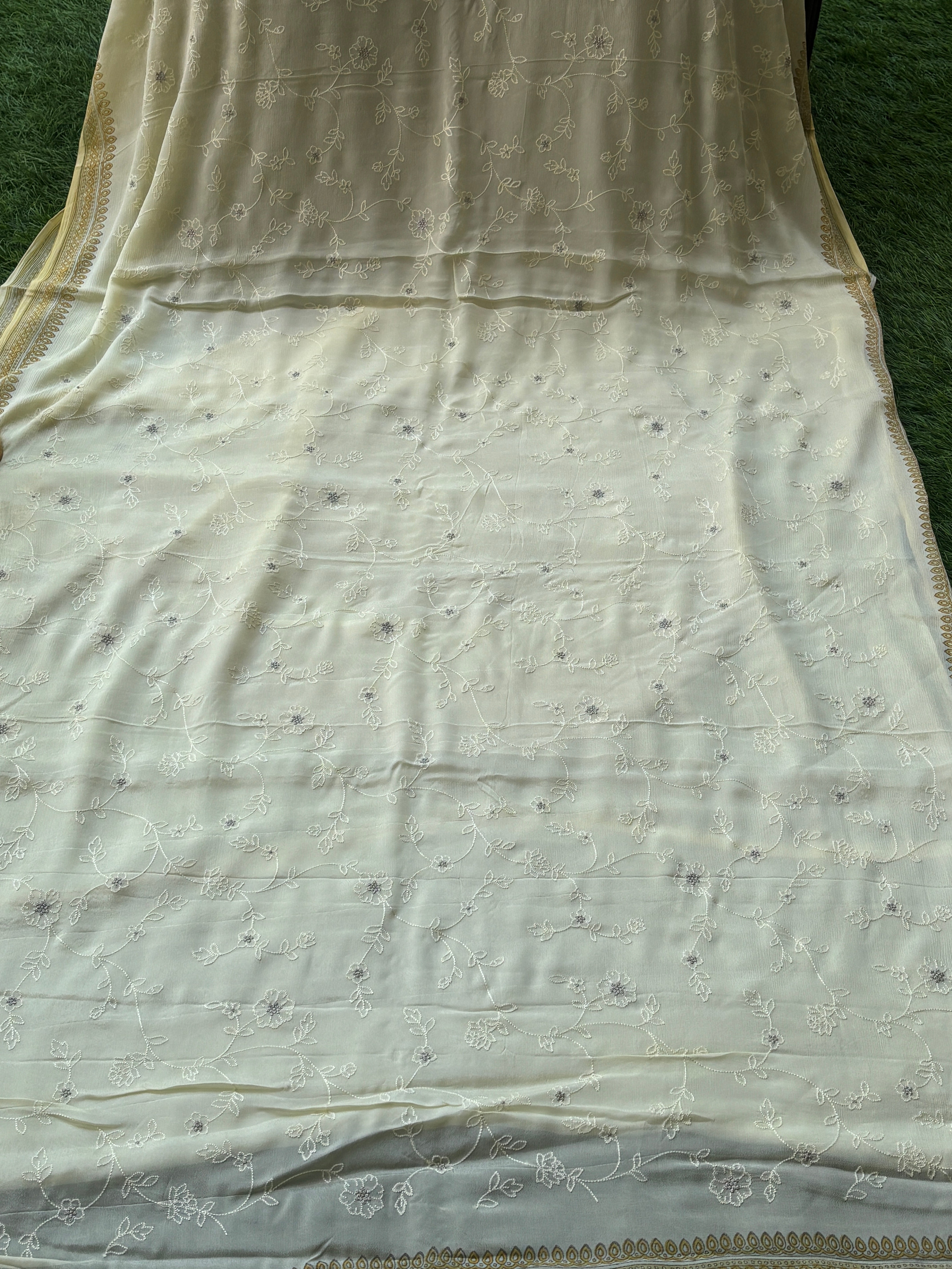 Lemon Yellow Chilia Silk Saree with Allover Silver Butta | Chandrika Lifestyles