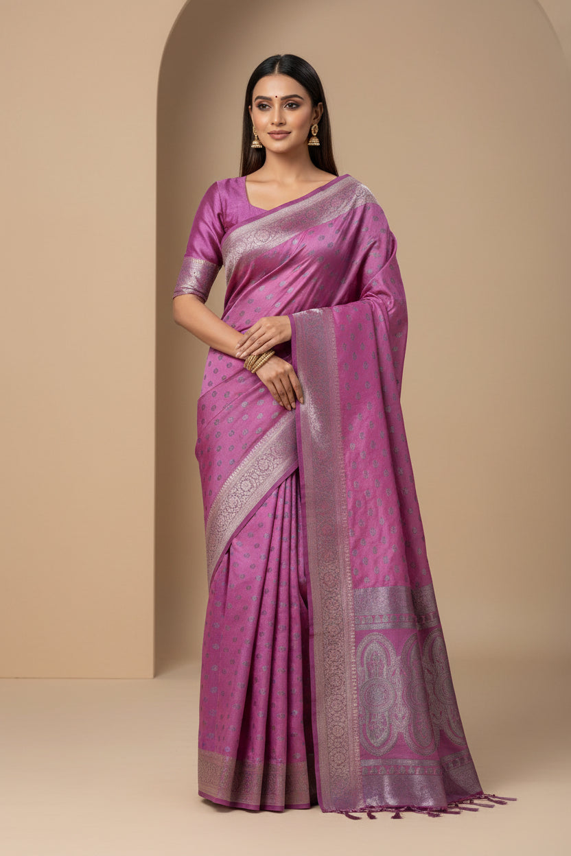 Magenta Art Silk Saree with Silver Zari Butta & Zari Pallu | Chandrika Lifestyles