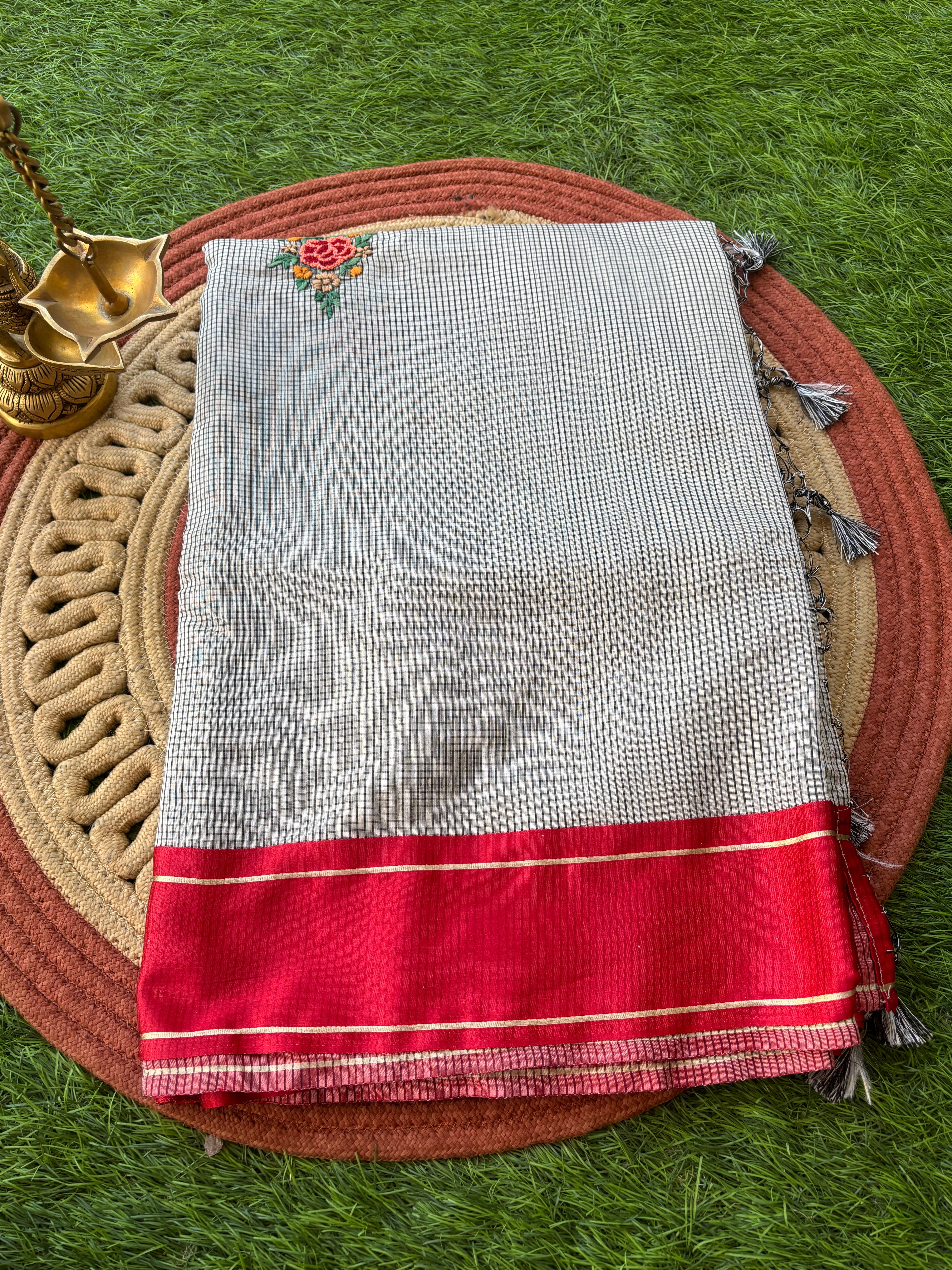 White Pure Cotton Saree with Black Checks & Hand Floral Embroidery with Red Border | Chandrika Lifestyles