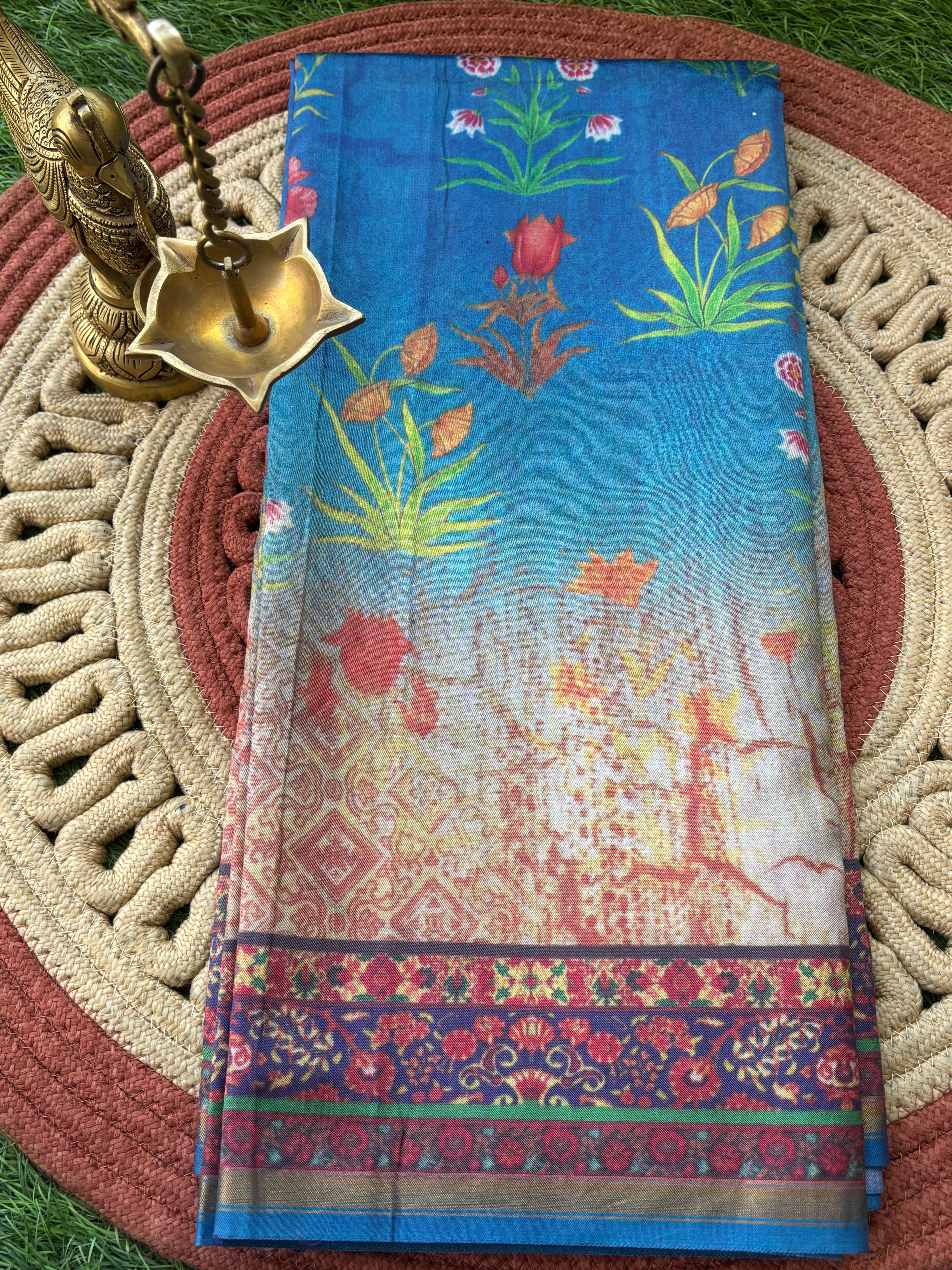 Ocean Blue Munga Silk Saree with Allover Digital Print | Chandrika Lifestyles