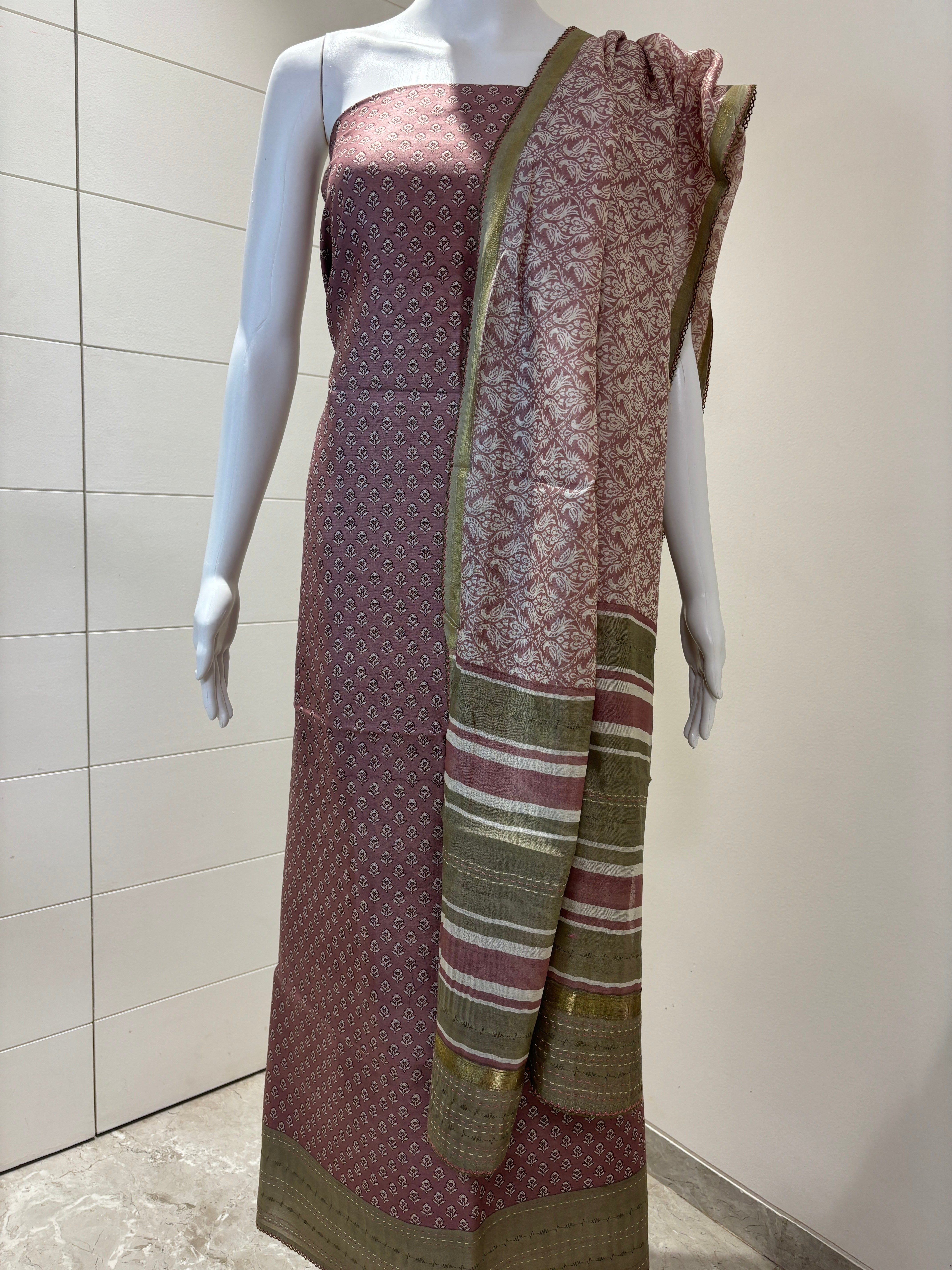 Digital Printed Chanderi Silk Suit Material in Onion Pink with Mehendi Green Contrast & Embroidered Dupatta. Thread work , Indian wear