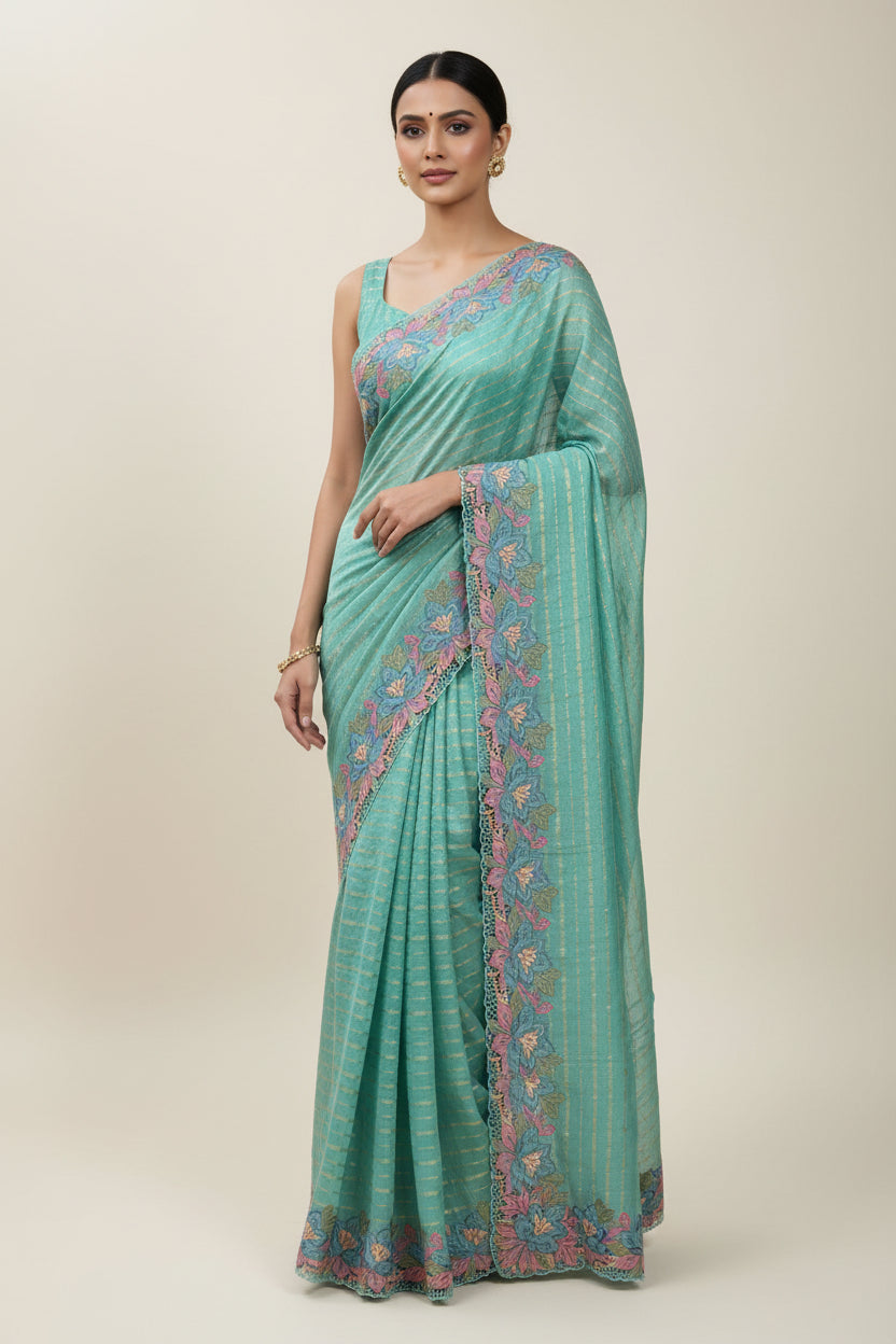 Elegant Sea Green Pure Tissue Silk Saree with All-Over Embroidery & Cutwork Design