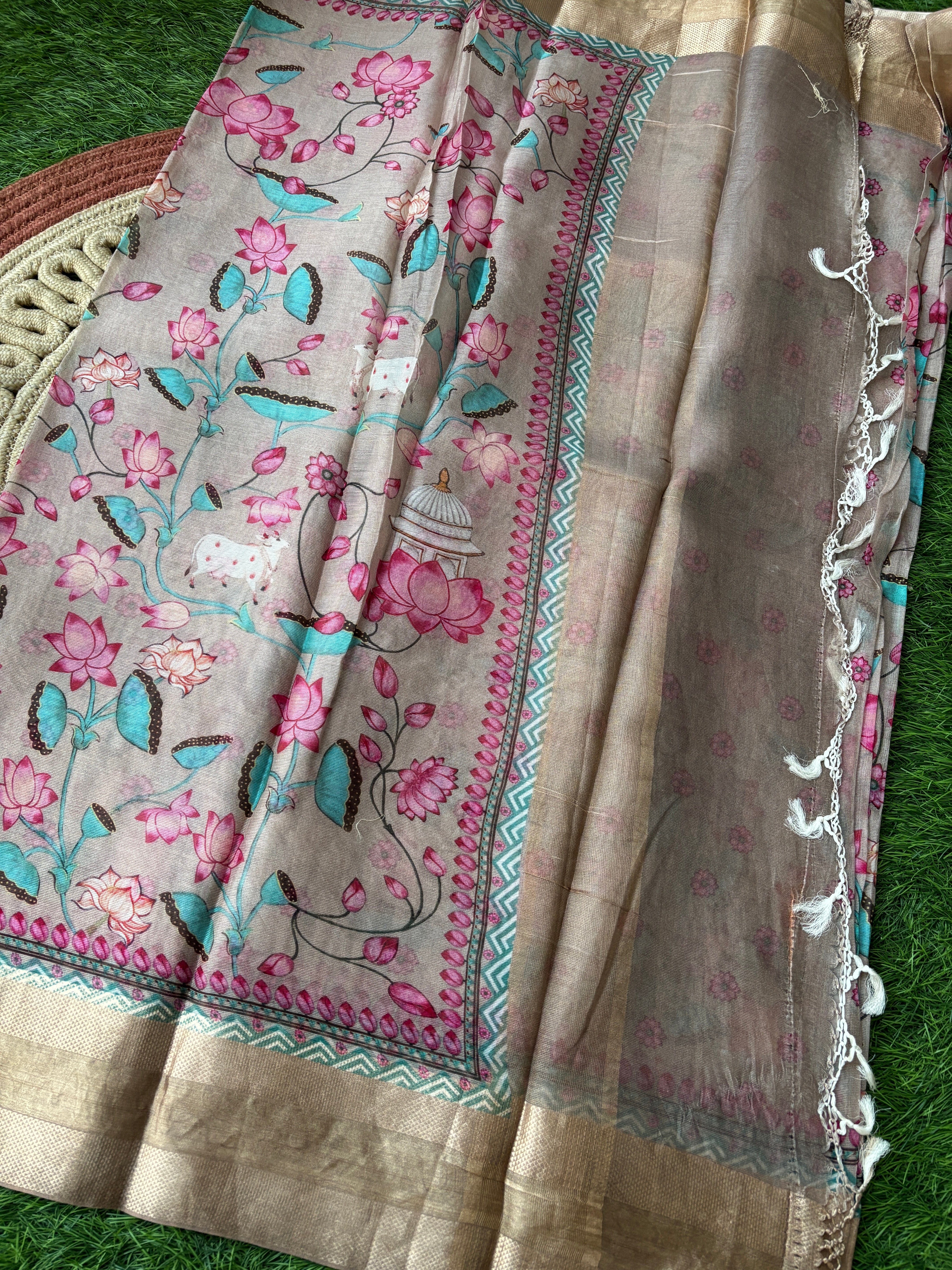 Beige Maheshwari Saree with All-Over Pichwai Painting