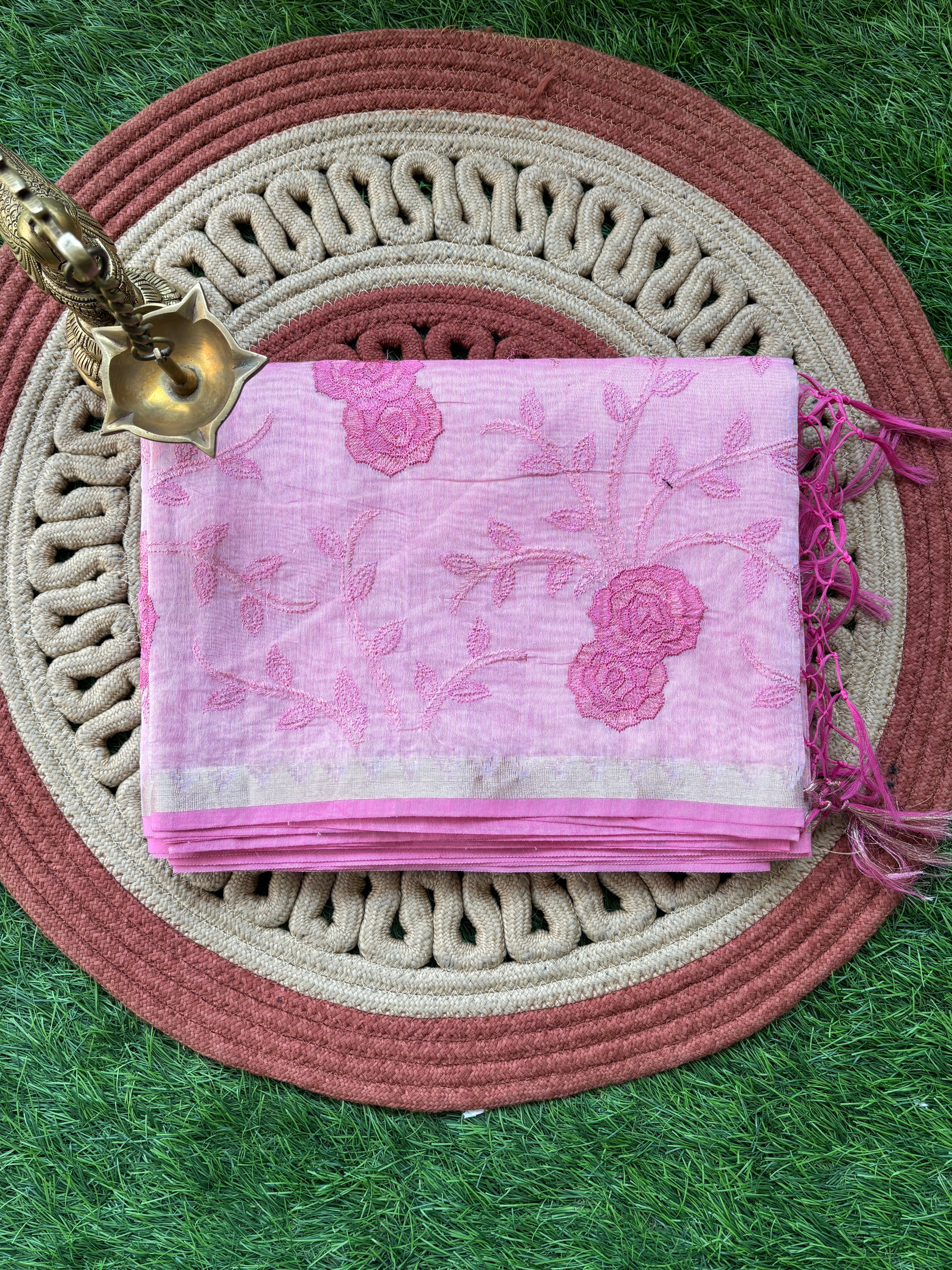 Baby Pink Banarasi Mercerized Cotton Saree with Allover Floral Embroidery | Chandrika Lifestyles