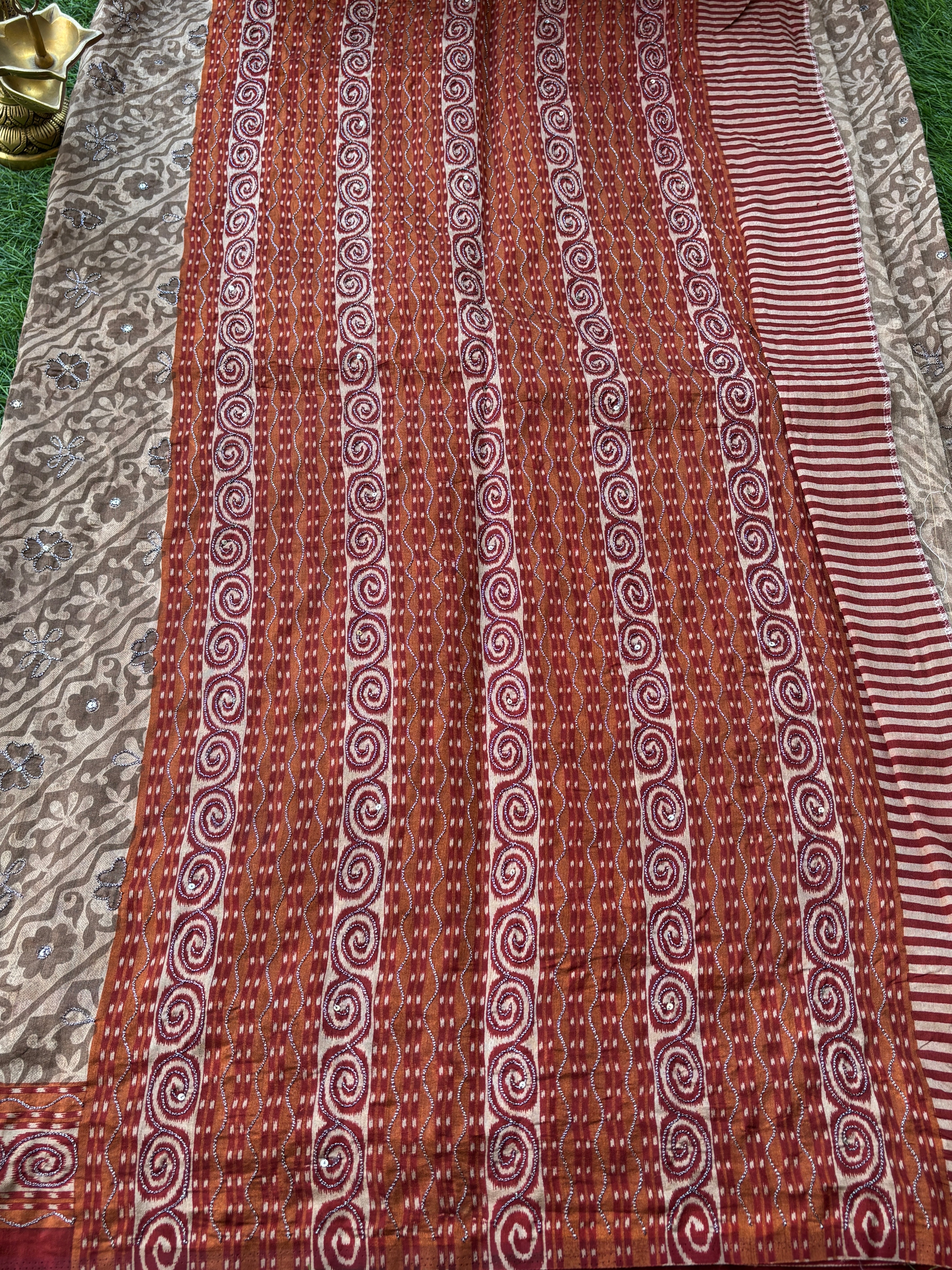Biscuit Brown Banarasi Mercerised Cotton Saree with Zari Thread Embroidery & Red Border