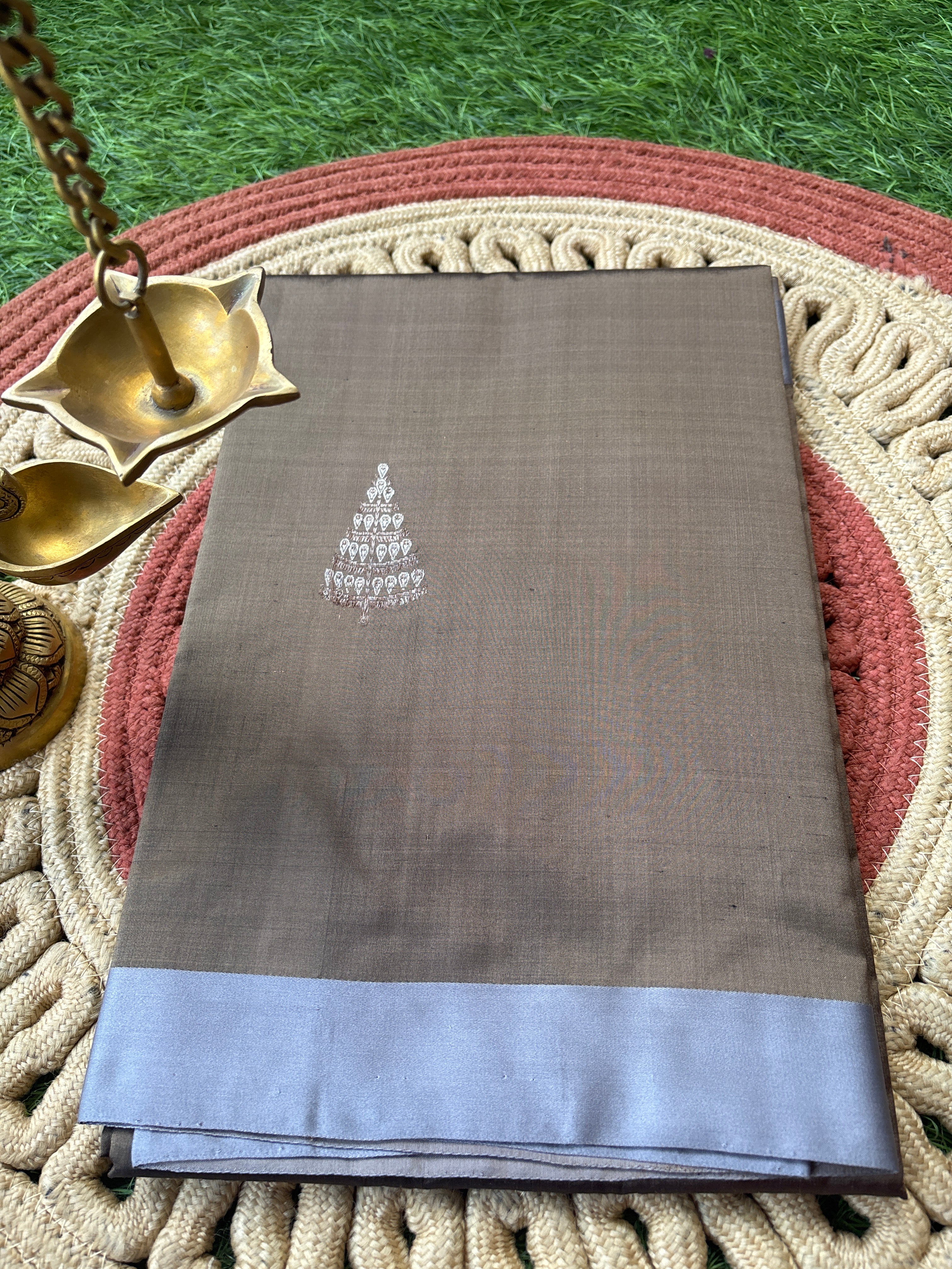 Pure Silk Metallic Coffee Brown Saree with Tree Motifs & Woven Pallu | Chandrika Lifestyles