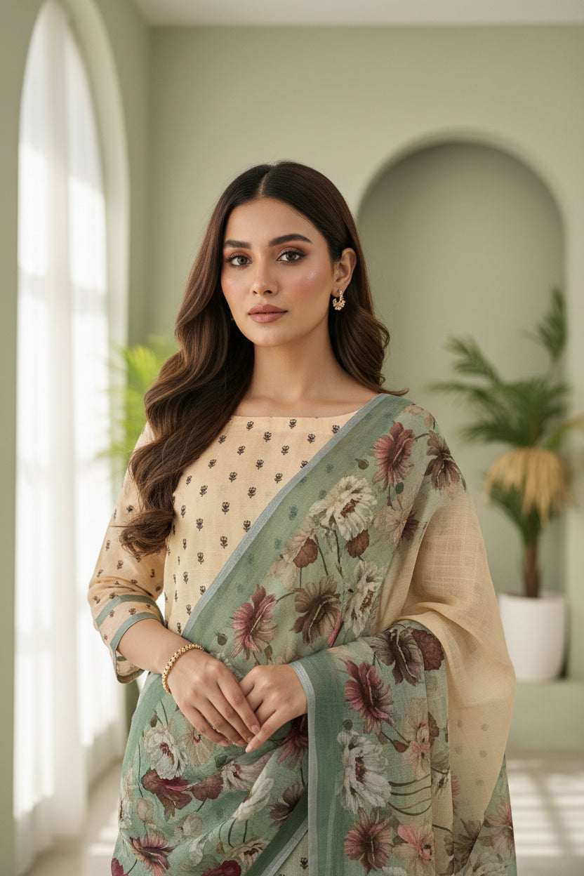 Chandrika Lifestyles | Onion Pink Linen Suit – Lotus Embroidery