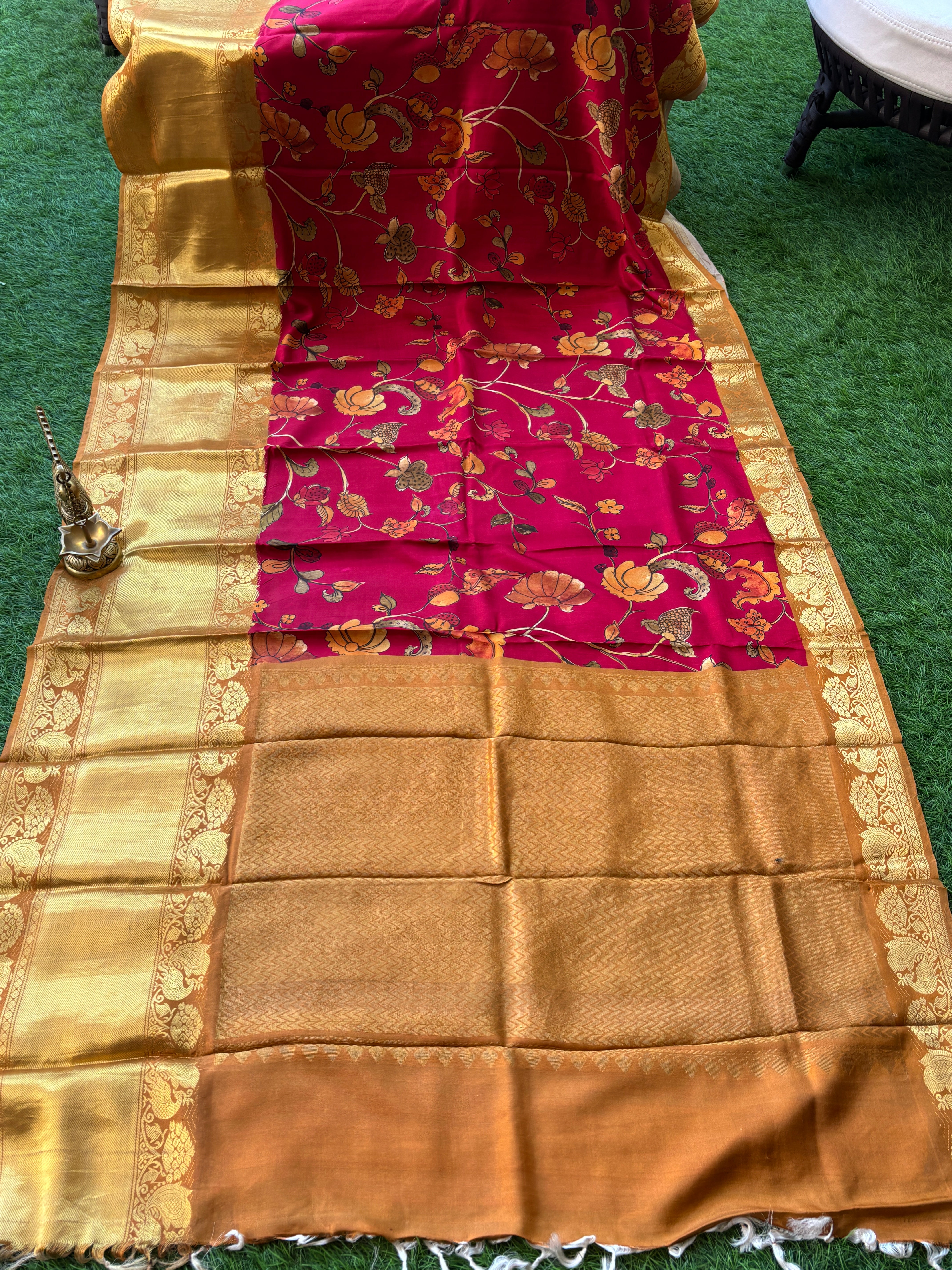Dark Rani Pink Pure Silk Saree with Broad Dharmavaram Border and Zari Woven Pallu