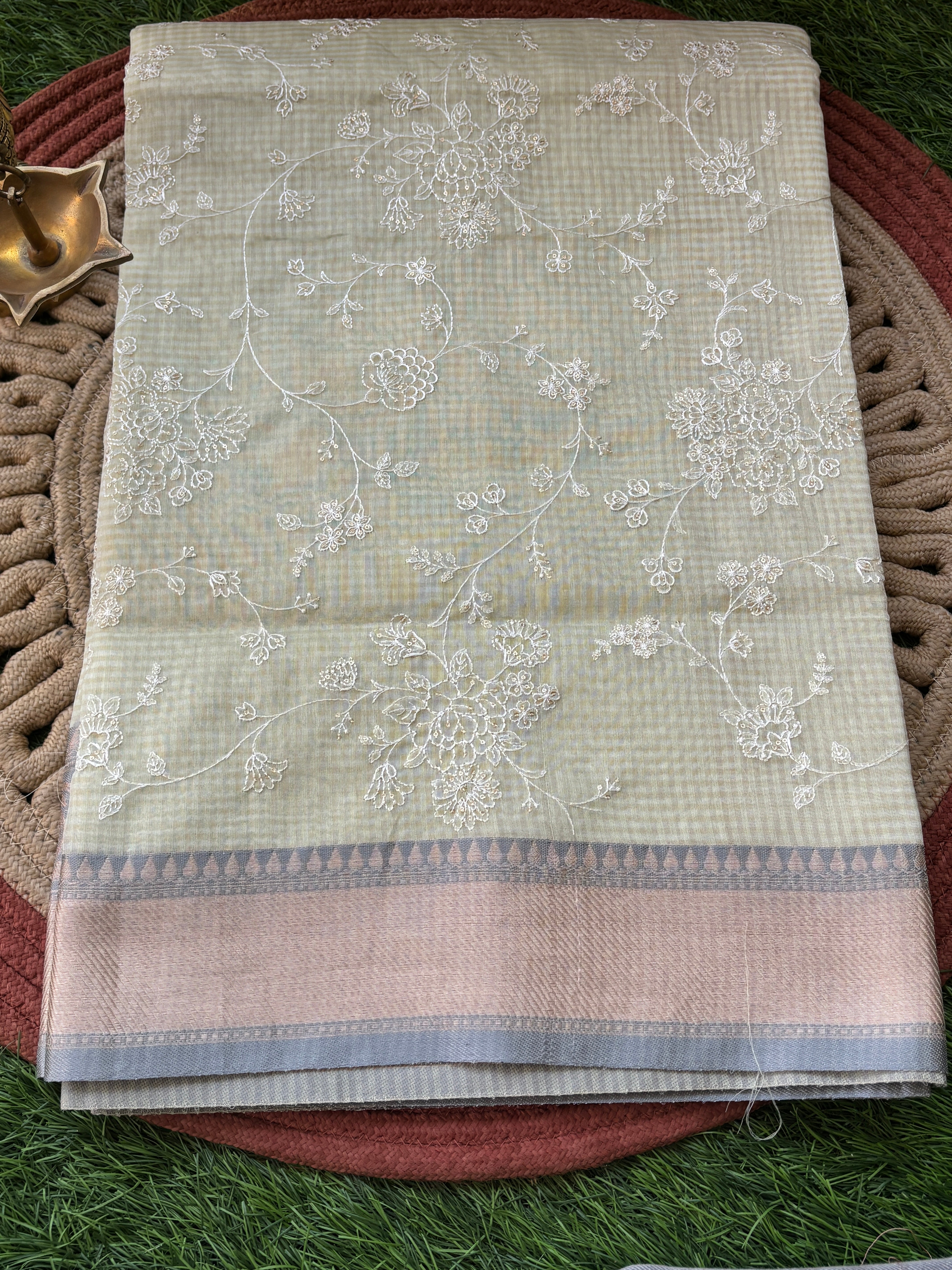 Pastel Pista Green Banarasi Mercerised Cotton Saree with Thread Embroidery & Resham Border
