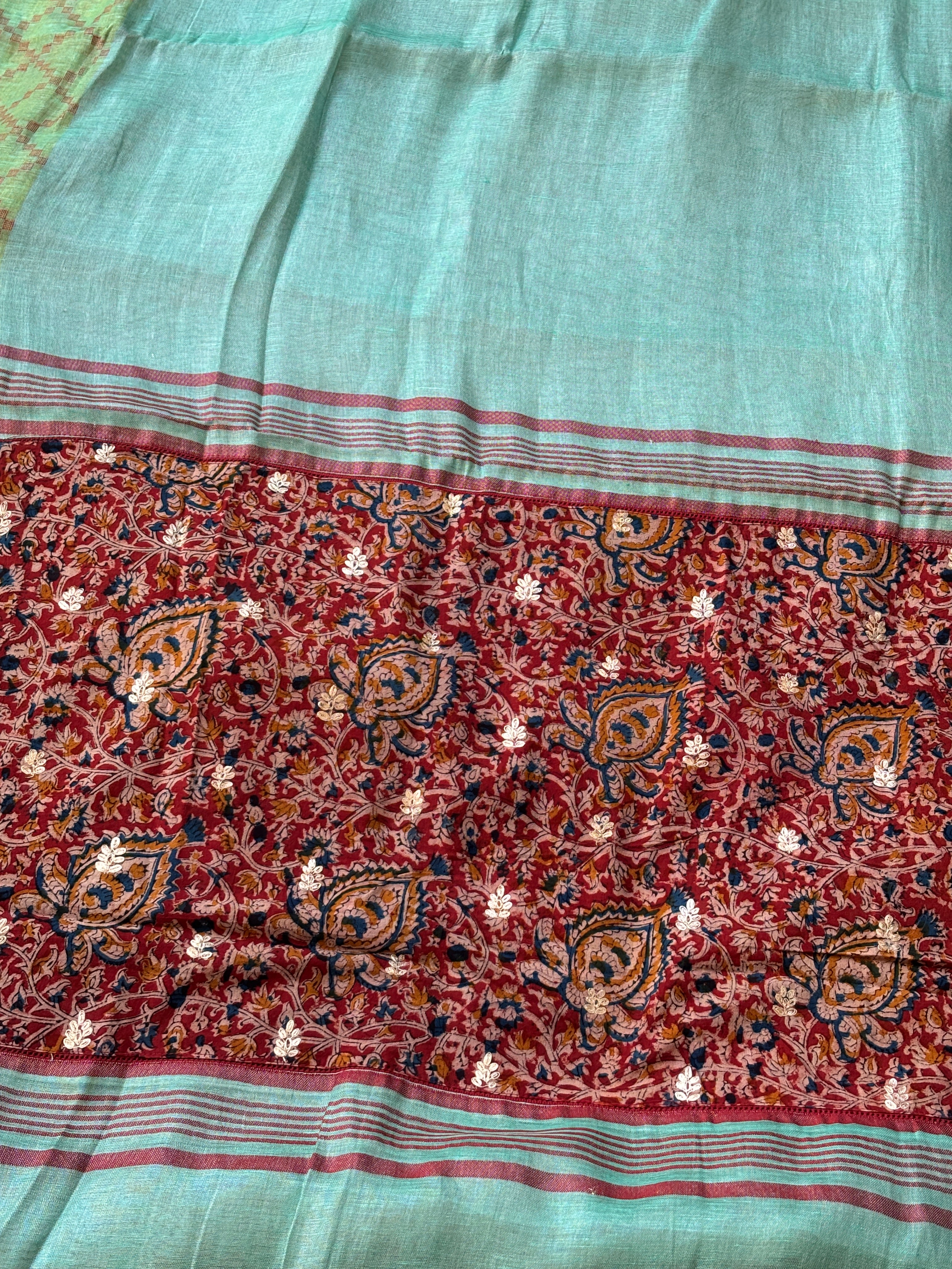 Blue Pure Linen Tissue Saree with Ajrak Pallu & Ready-Made Blouse | Chandrika Lifestyles