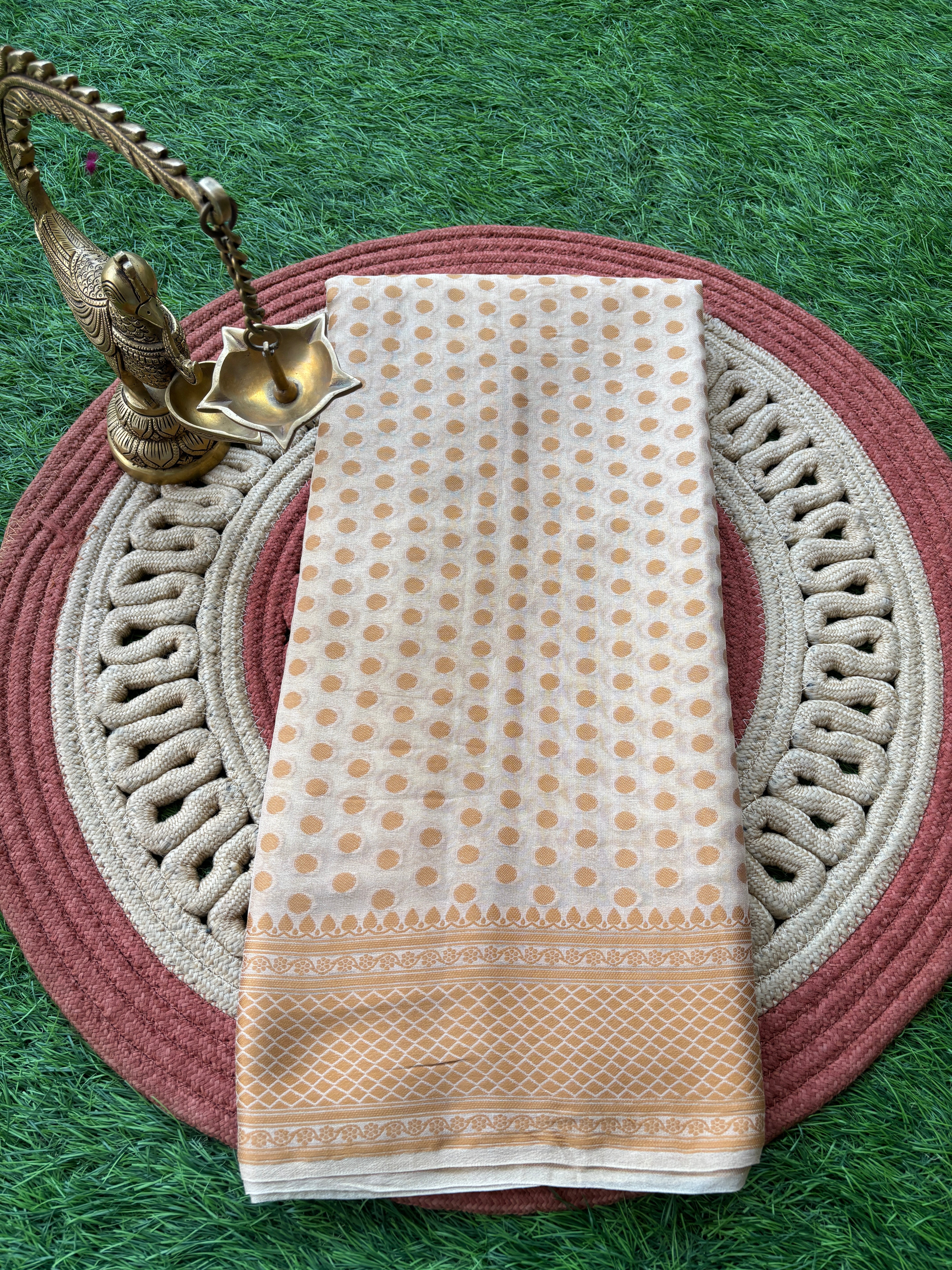 Beige Banarasi Khaddi Chiffon Saree with Allover Resham Weaving | Chandrika Lifestyles
