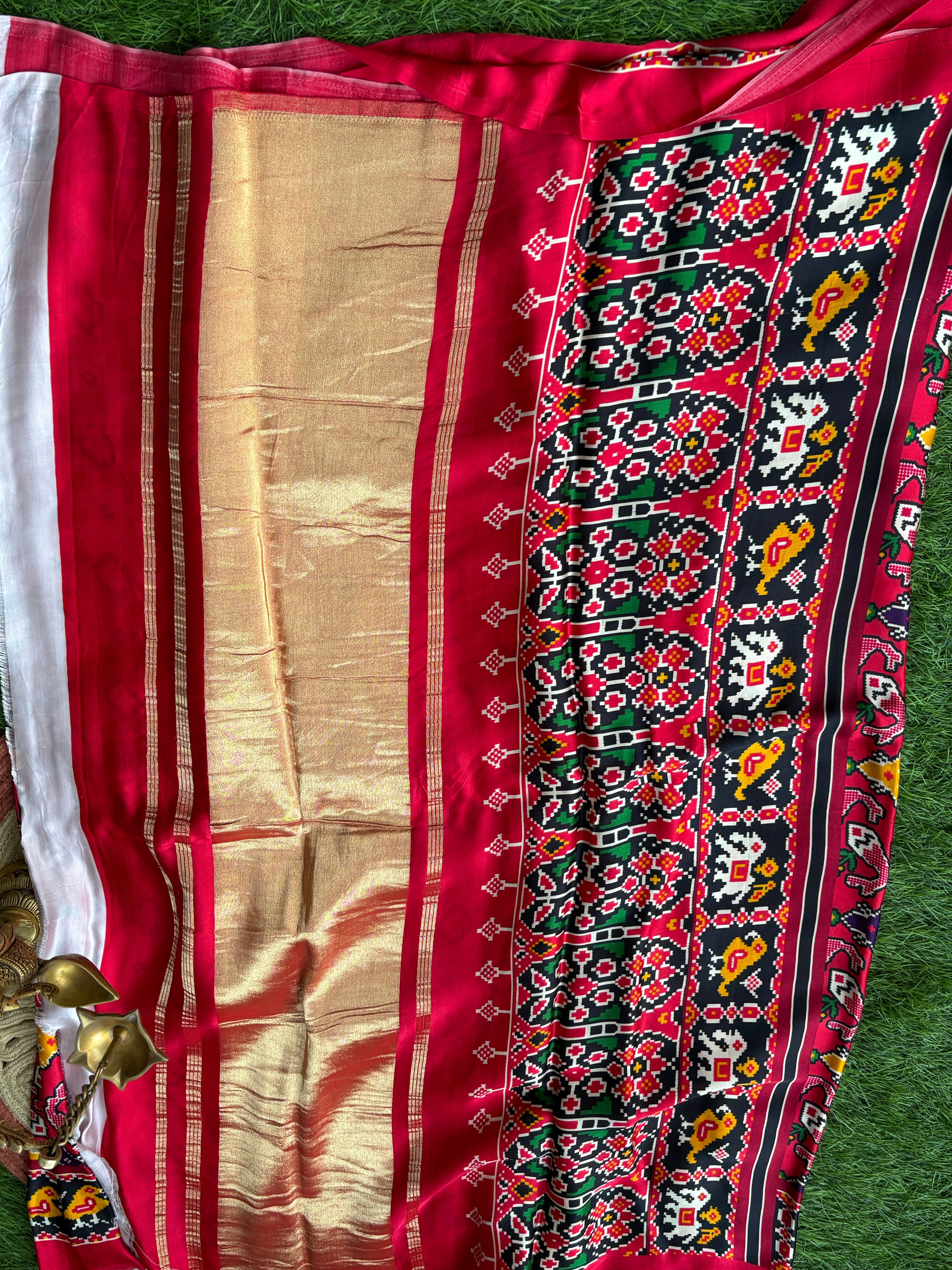 Red Pink Patola Satin Saree with Allover Patola Print & Zari Pallu | Chandrika Lifestyles