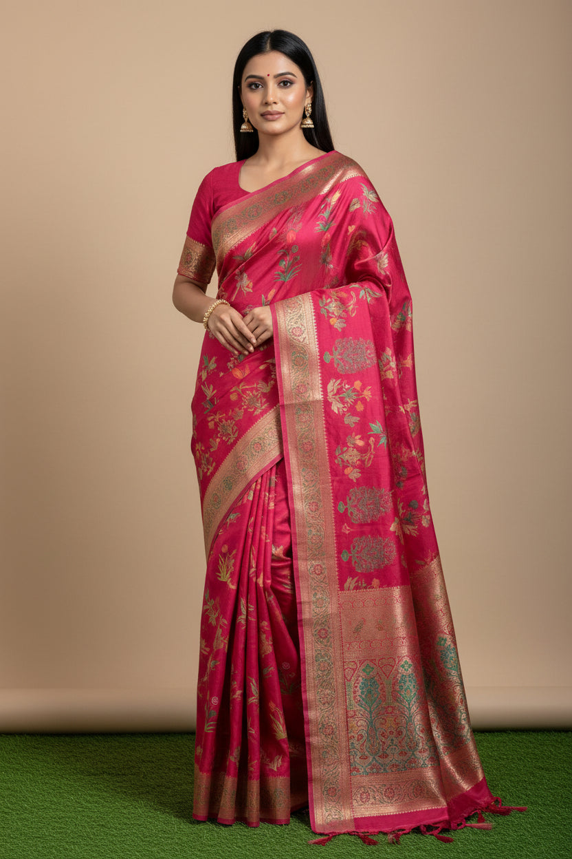 Red Munga Silk Saree with Allover Digital Print | Chandrika Lifestyles
