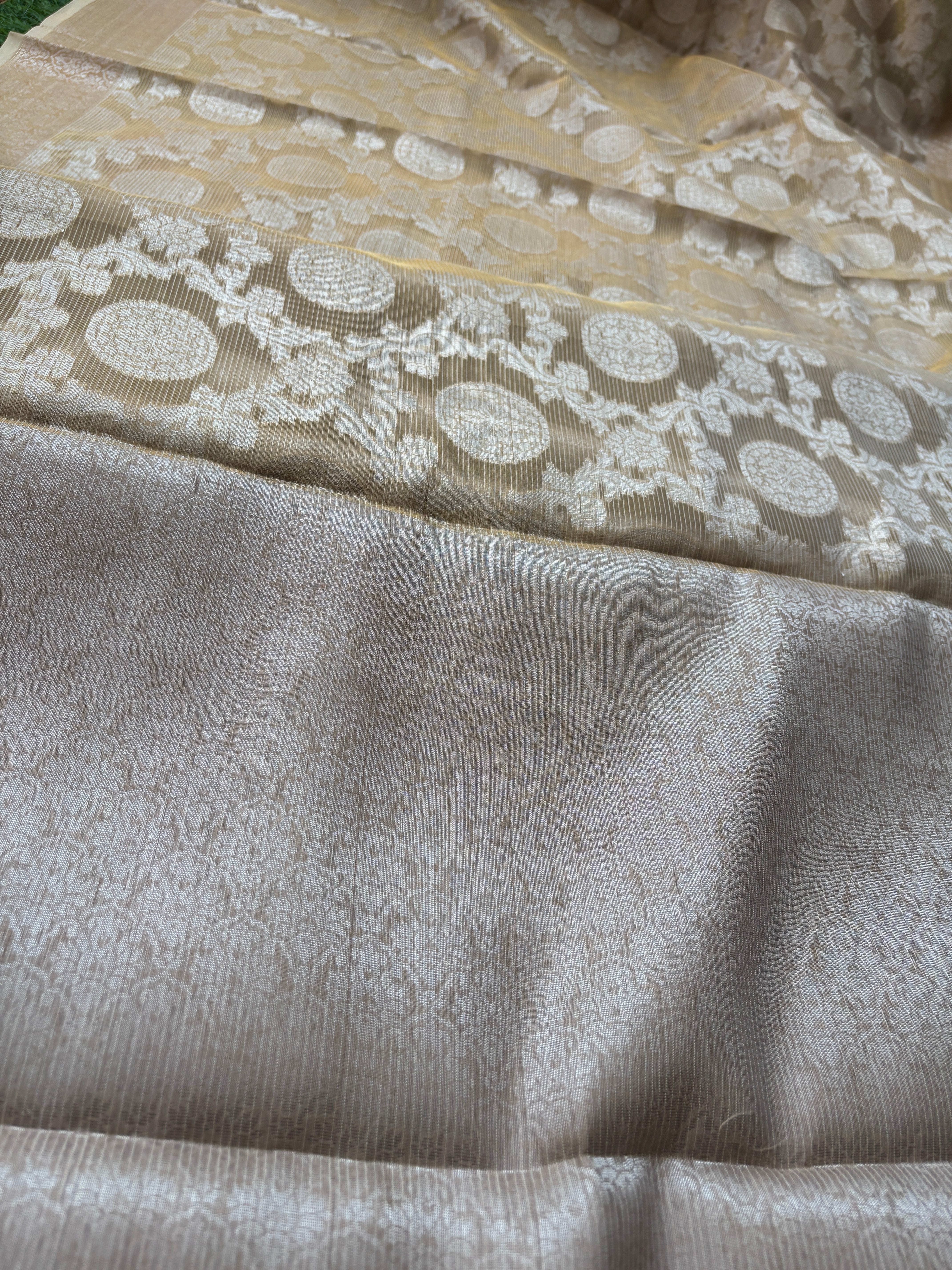 Beige Pure Banarasi Cotton Saree with Allover Jaal Silver Zari Work | Chandrika Lifestyles