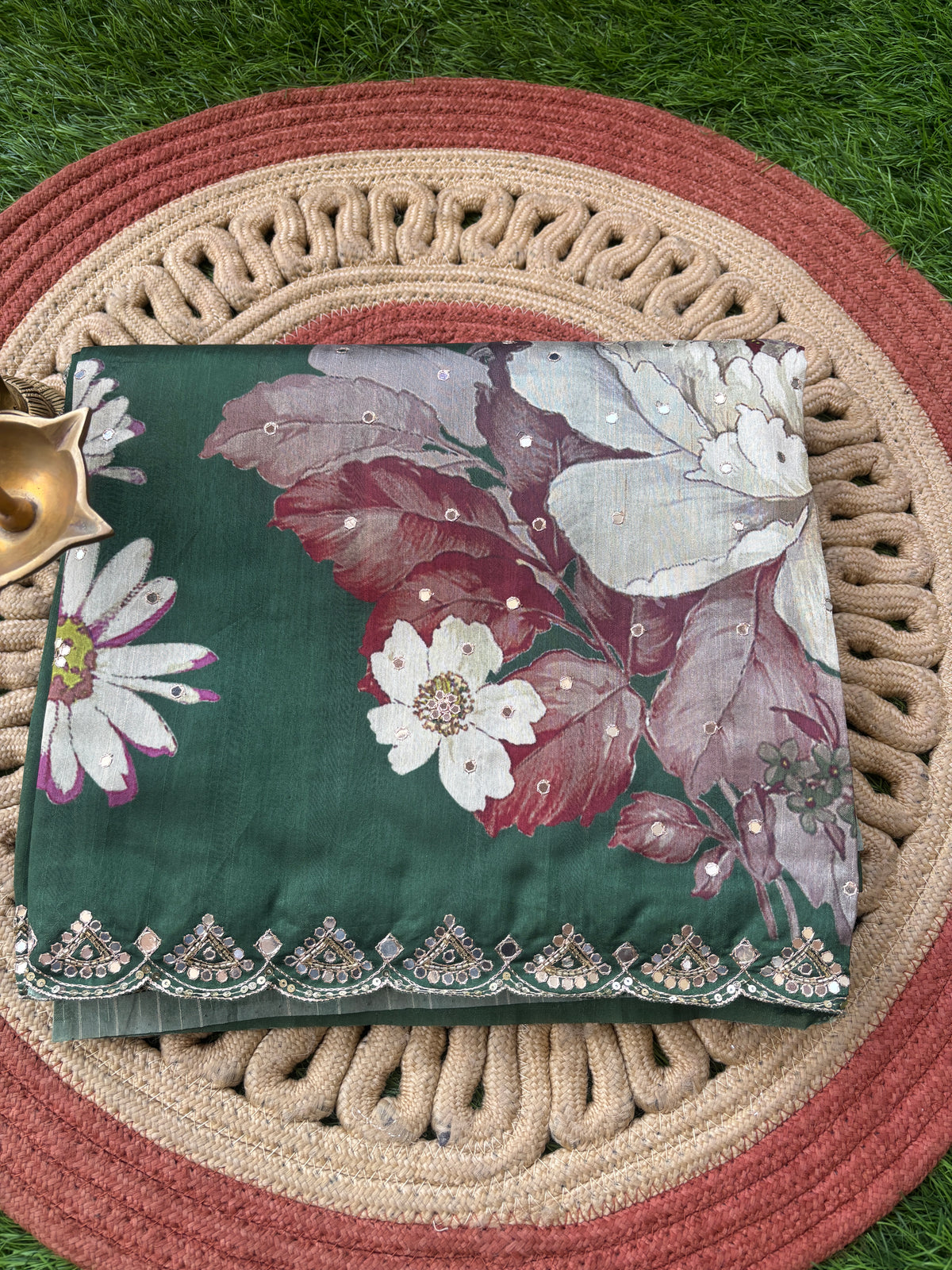 Elegant Bottle Green Pure Tusser Silk Saree with Digital Floral Print & Mirror Work Border