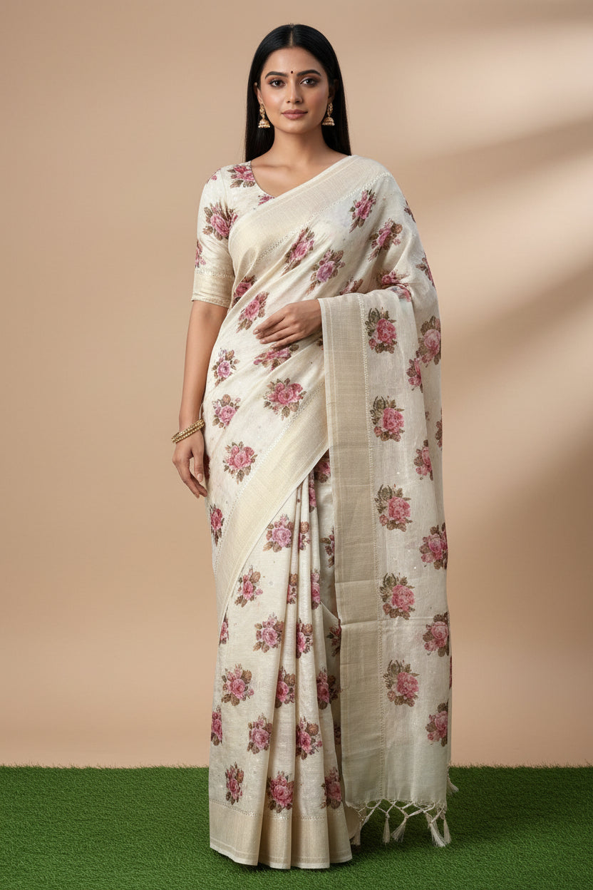 Off-White Pure Linen Saree with Allover Floral Digital Print | Chandrika Lifestyles