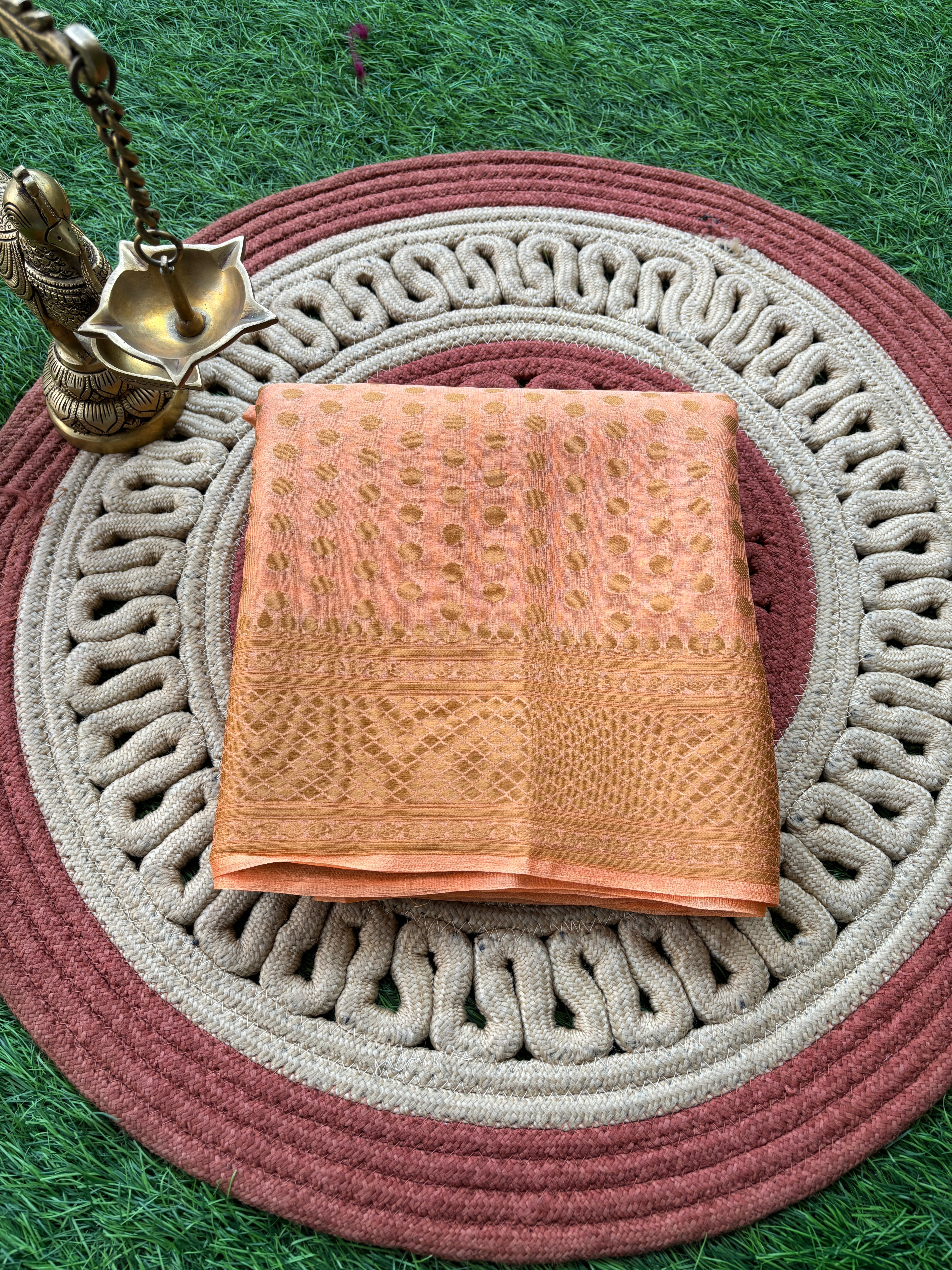 Peach Banarasi Pure khaddi Chiffon Saree with Resham Weaving Border and Buttas