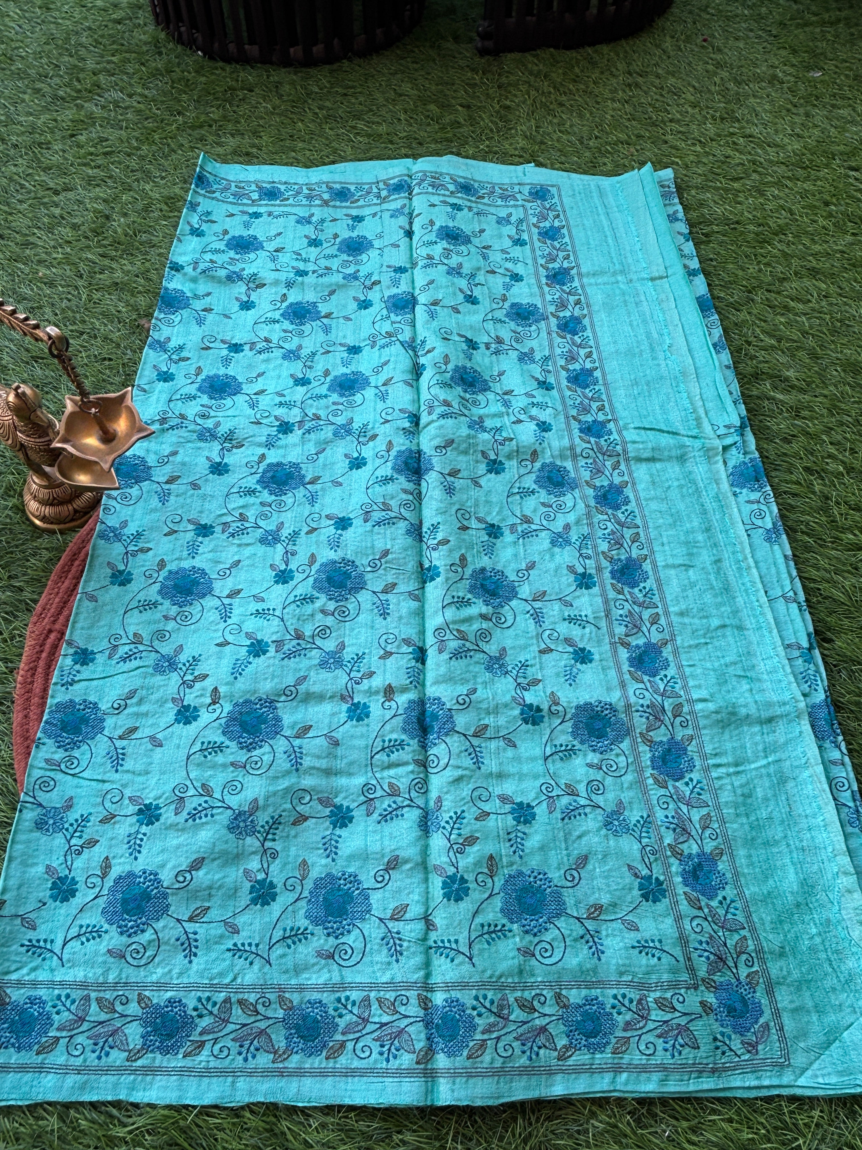 Pure Desi Tussar Silk Sea Blue Saree with All-Over Blue floral Thread Jaal Embroidery