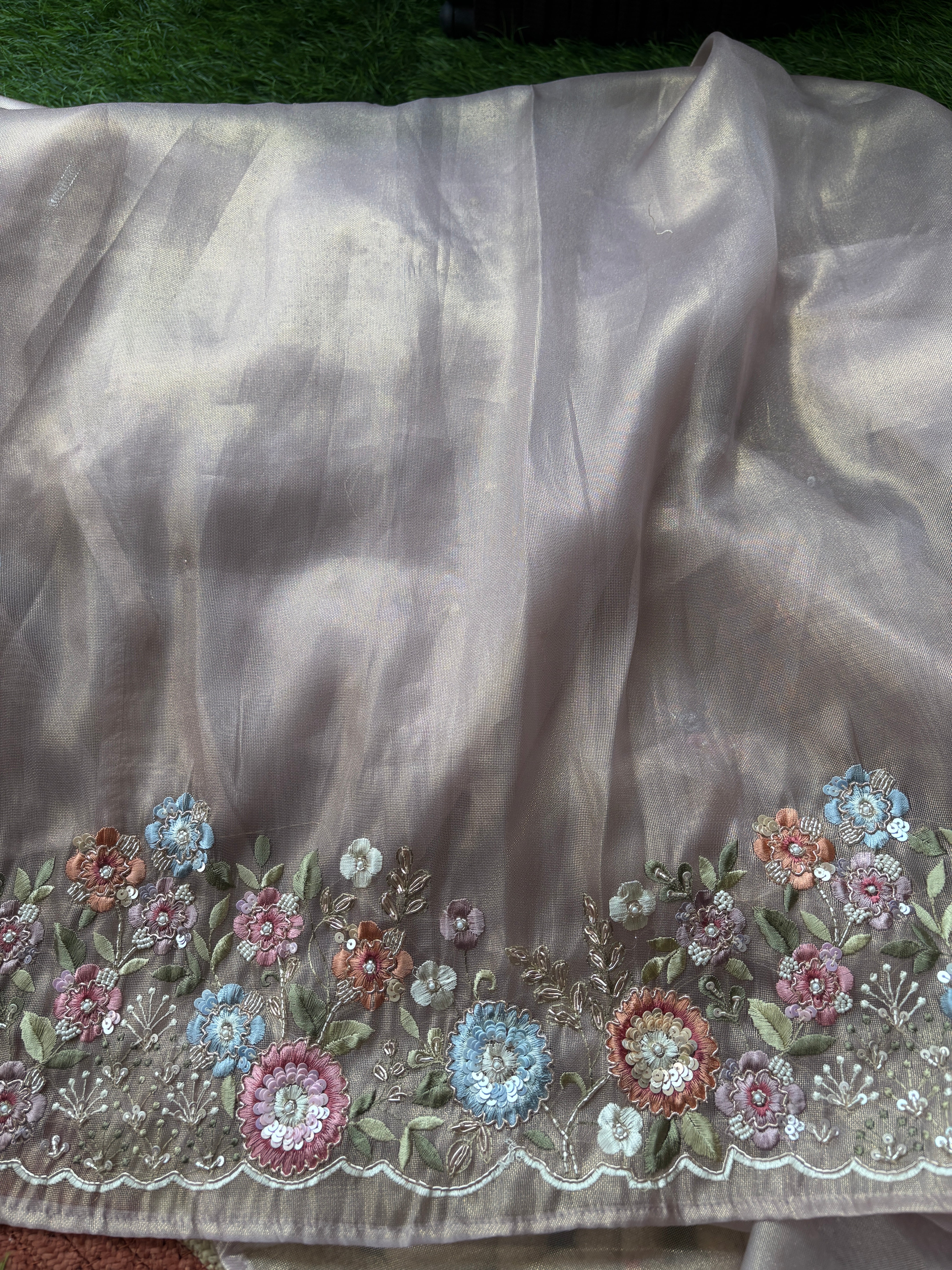 Elegant Onion Pink Tissue Net Designer Saree with Multicolor Floral Embroidery Border