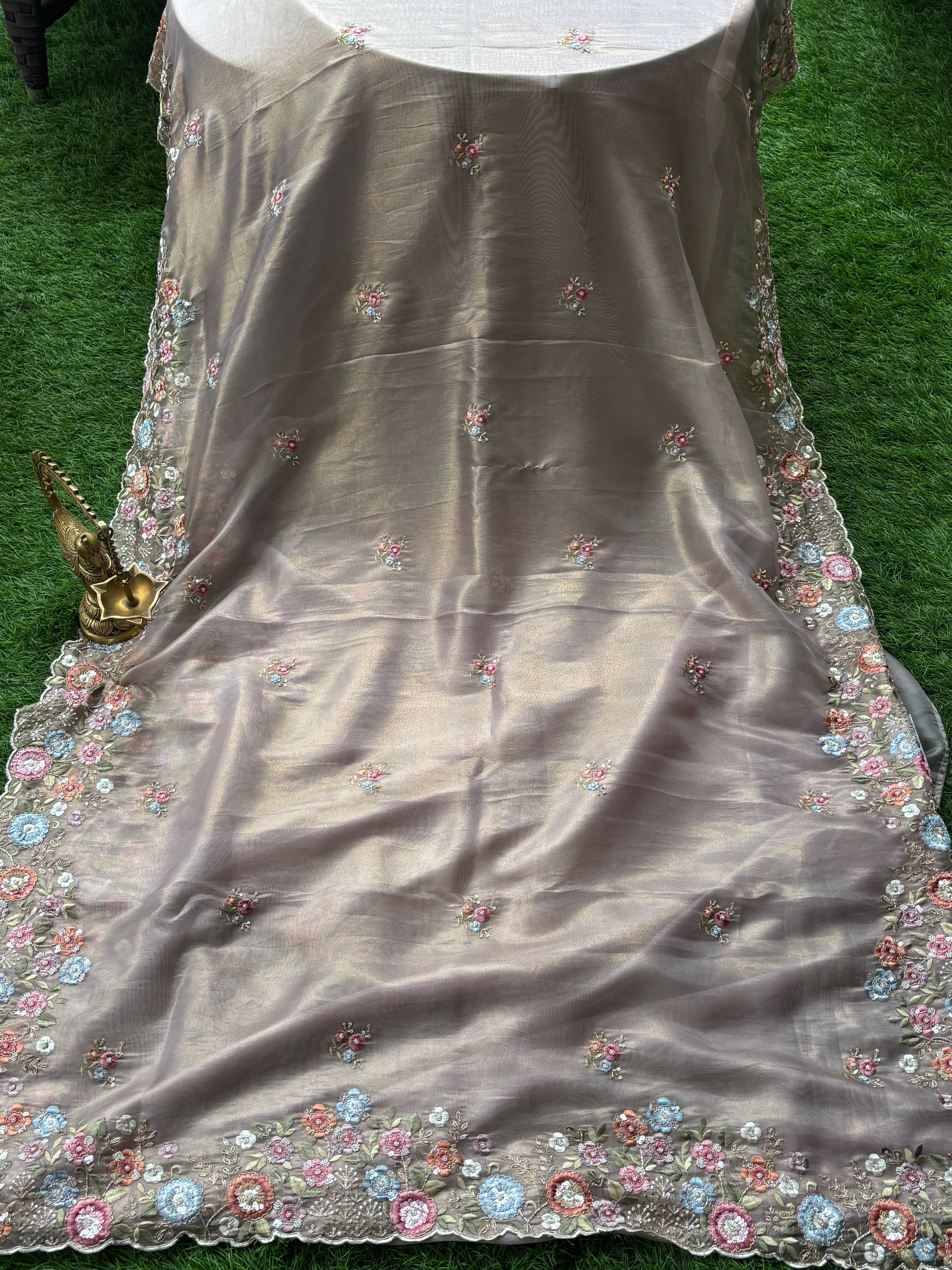 Elegant Onion Pink Tissue Net Designer Saree with Multicolor Floral Embroidery Border