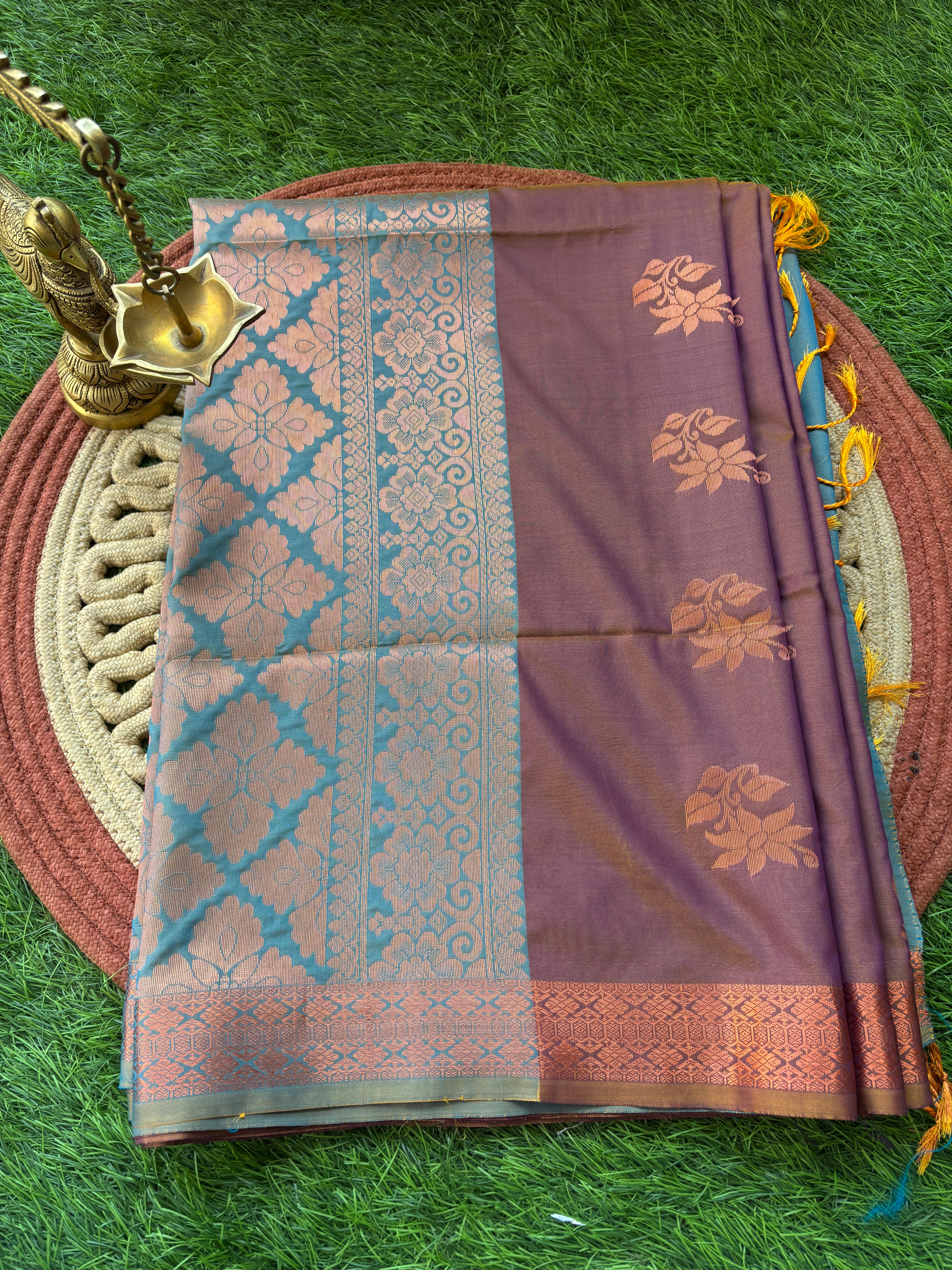 Brown Two-Tone Art Silk Kanjipuram Saree with Allover Woven Buttas | Chandrika Lifestyles