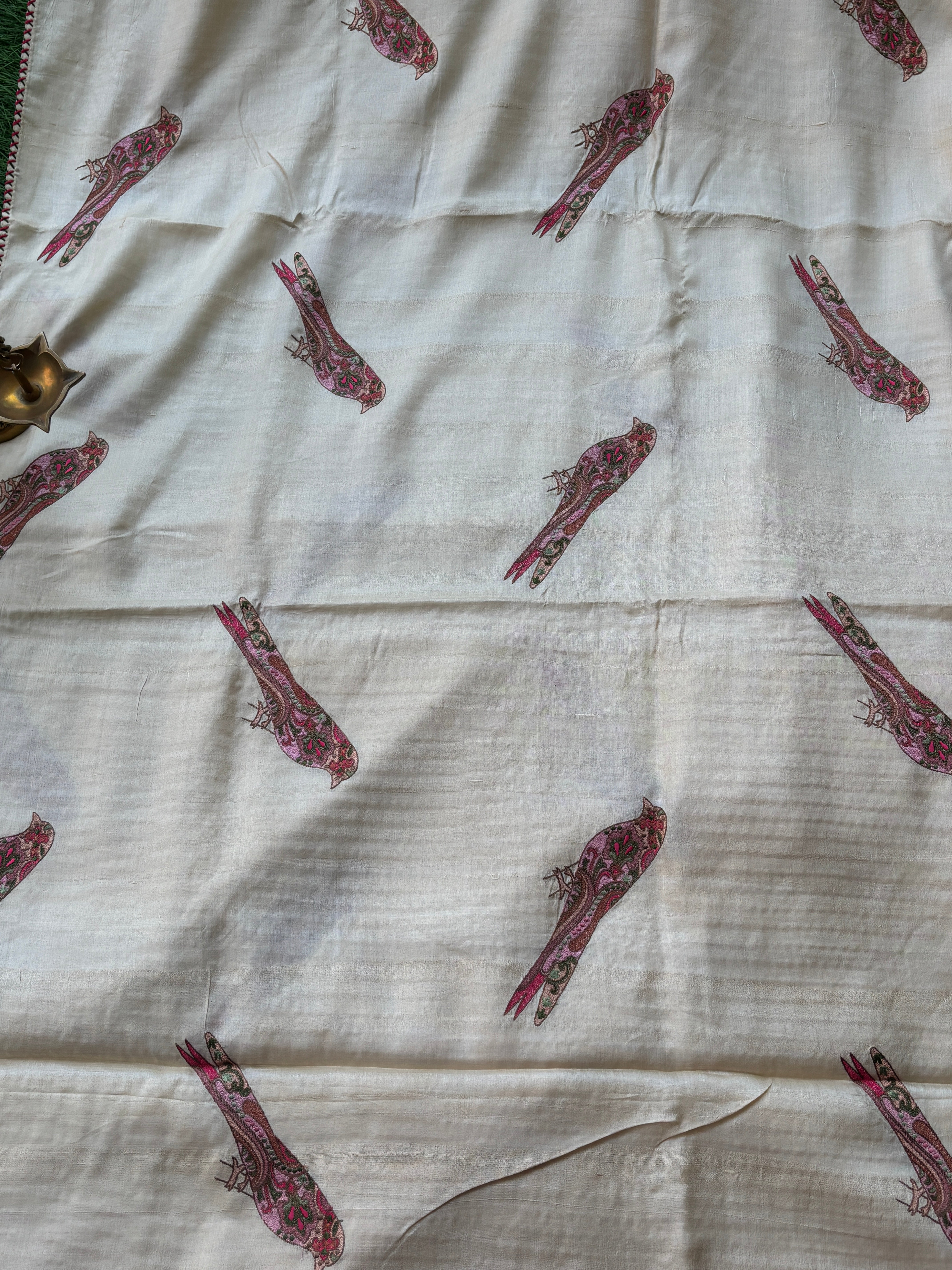 Pure Desi Tussar Silk Off-White Saree with multicoloured Bird embroidered motifs and Thread Embroidered Border