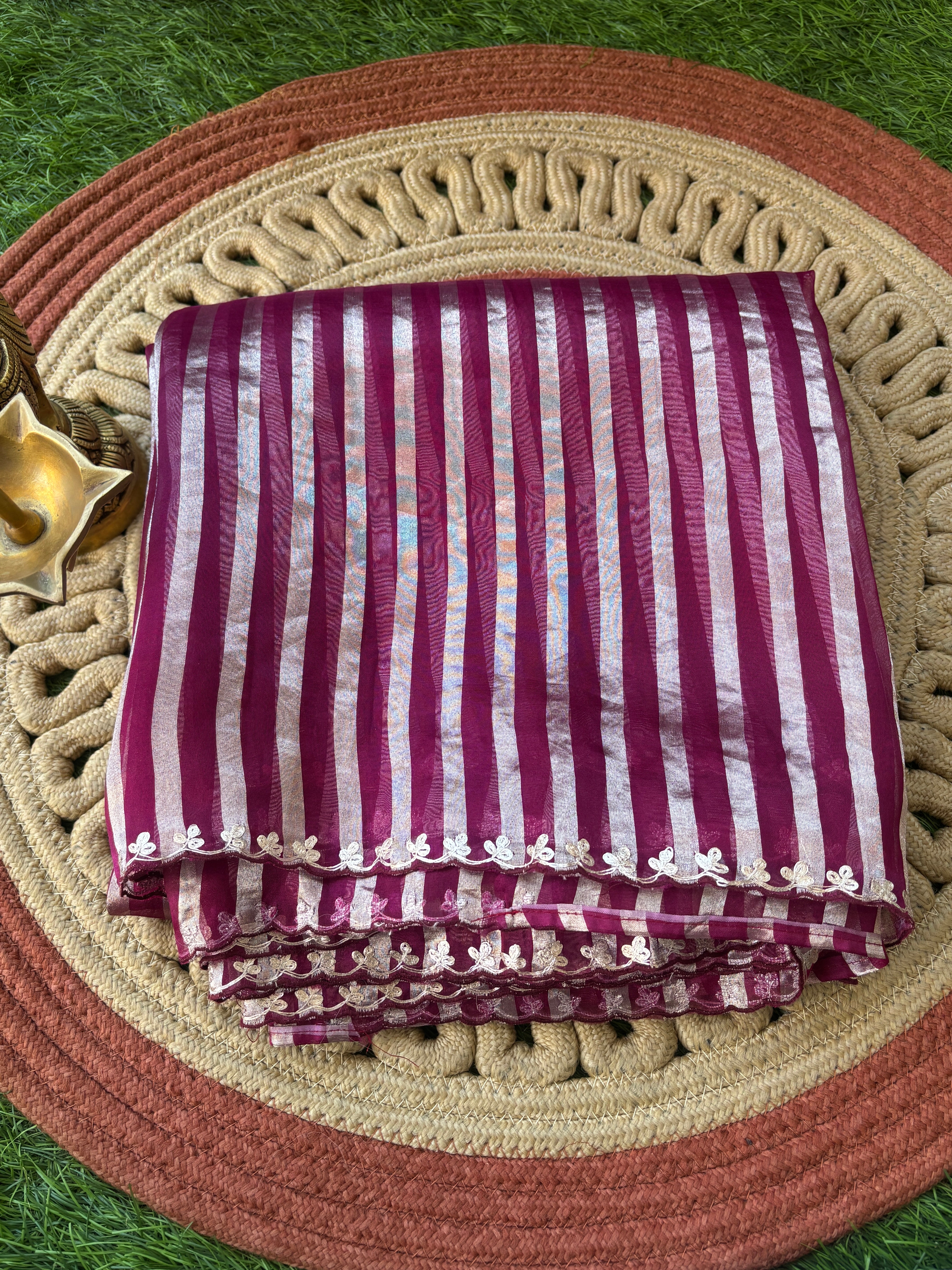 Rani Pink Kora Organza Tissue Silk Saree with Silver Zari Stripes & Embroidered Buttas
