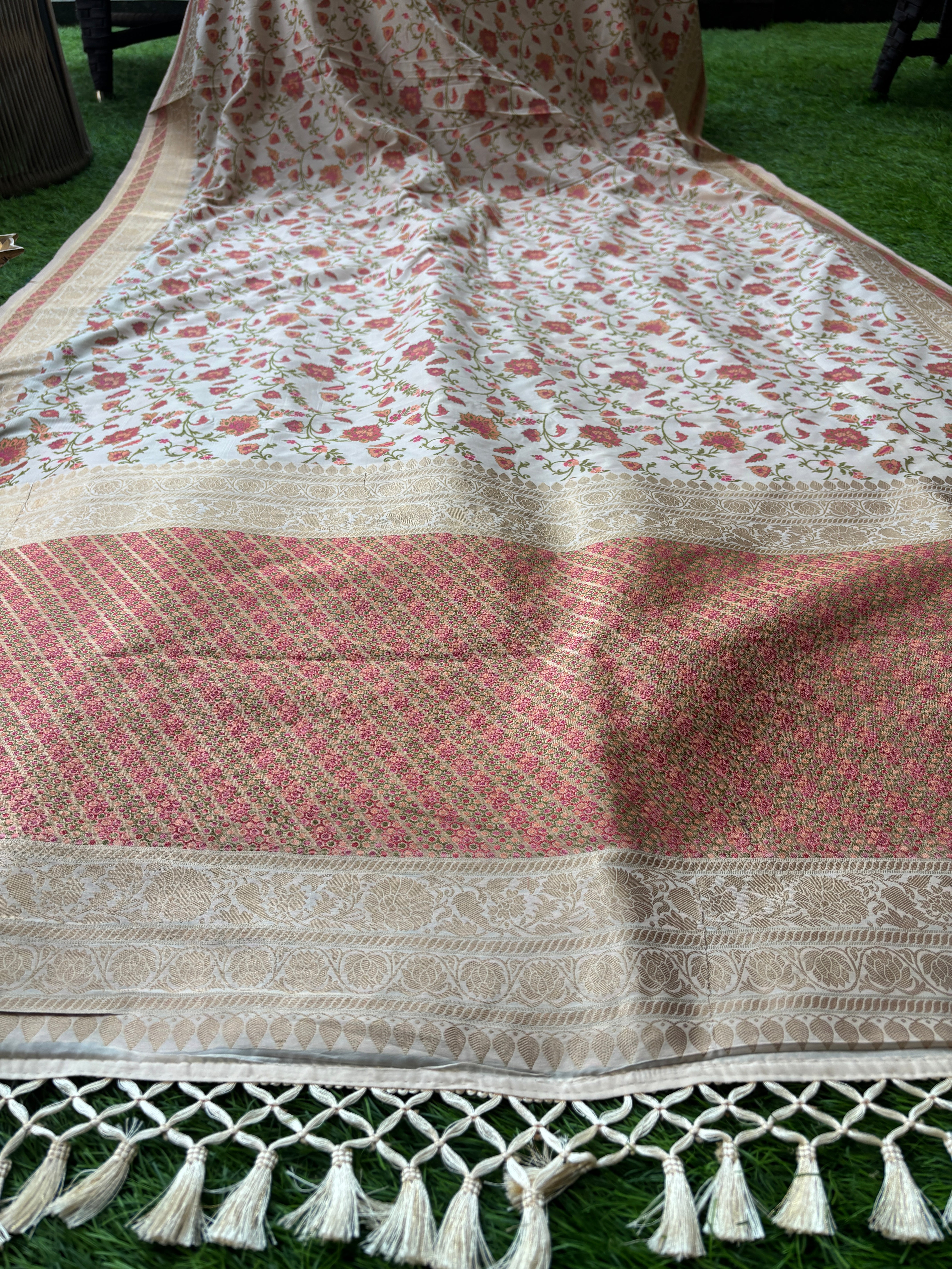 Off-White Banarasi Art Silk Saree with Allover Jaal Weaving | Chandrika Lifestyles