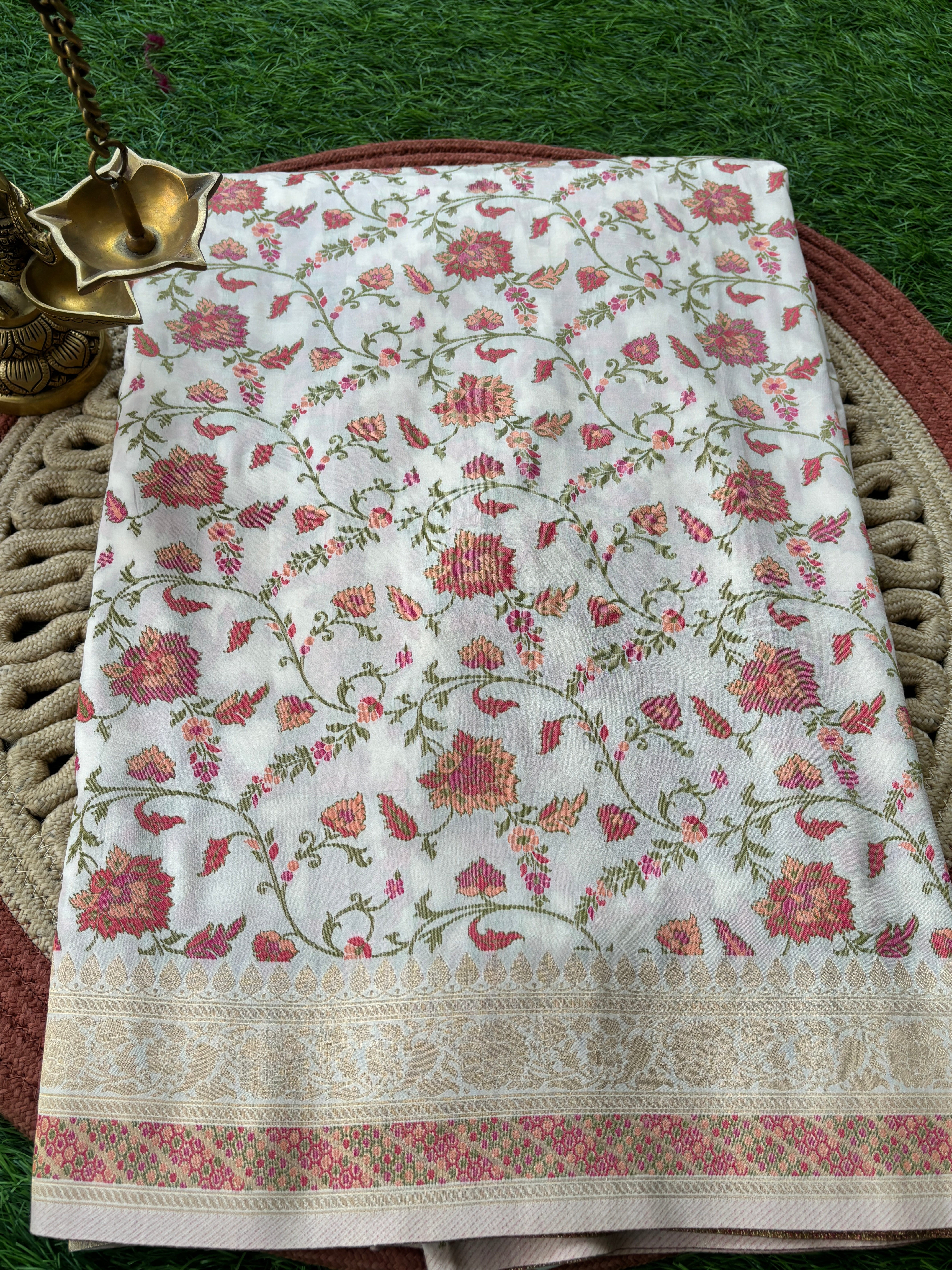 Off-White Banarasi Art Silk Saree with Allover Jaal Weaving | Chandrika Lifestyles