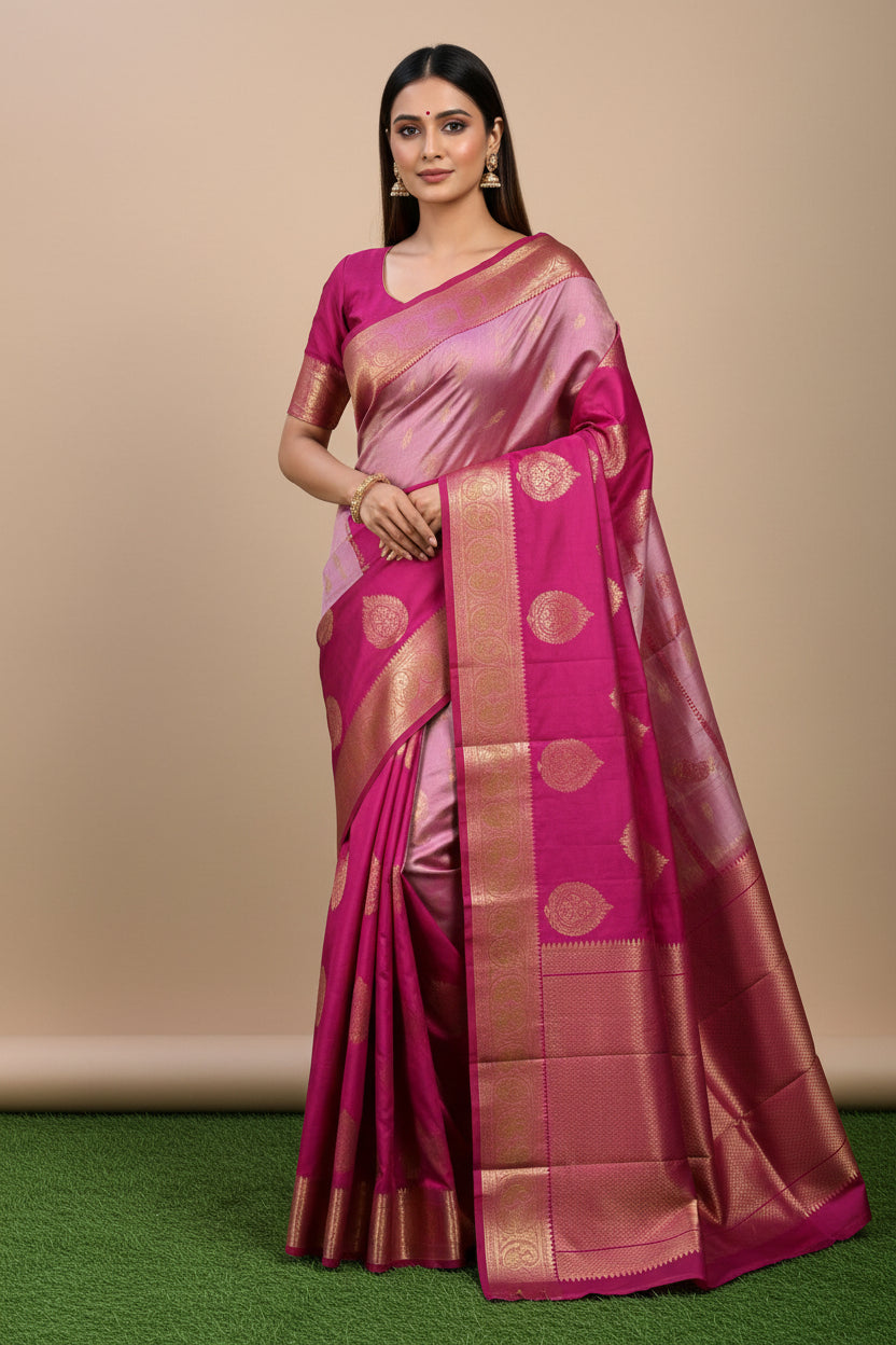 Model wearing Pastel Pink Designer Kanjeevaram Pure Silk Saree with Rani Pink Border Model showcasing Rani Pink Pallu of Pastel Pink Kanjeevaram Silk Saree