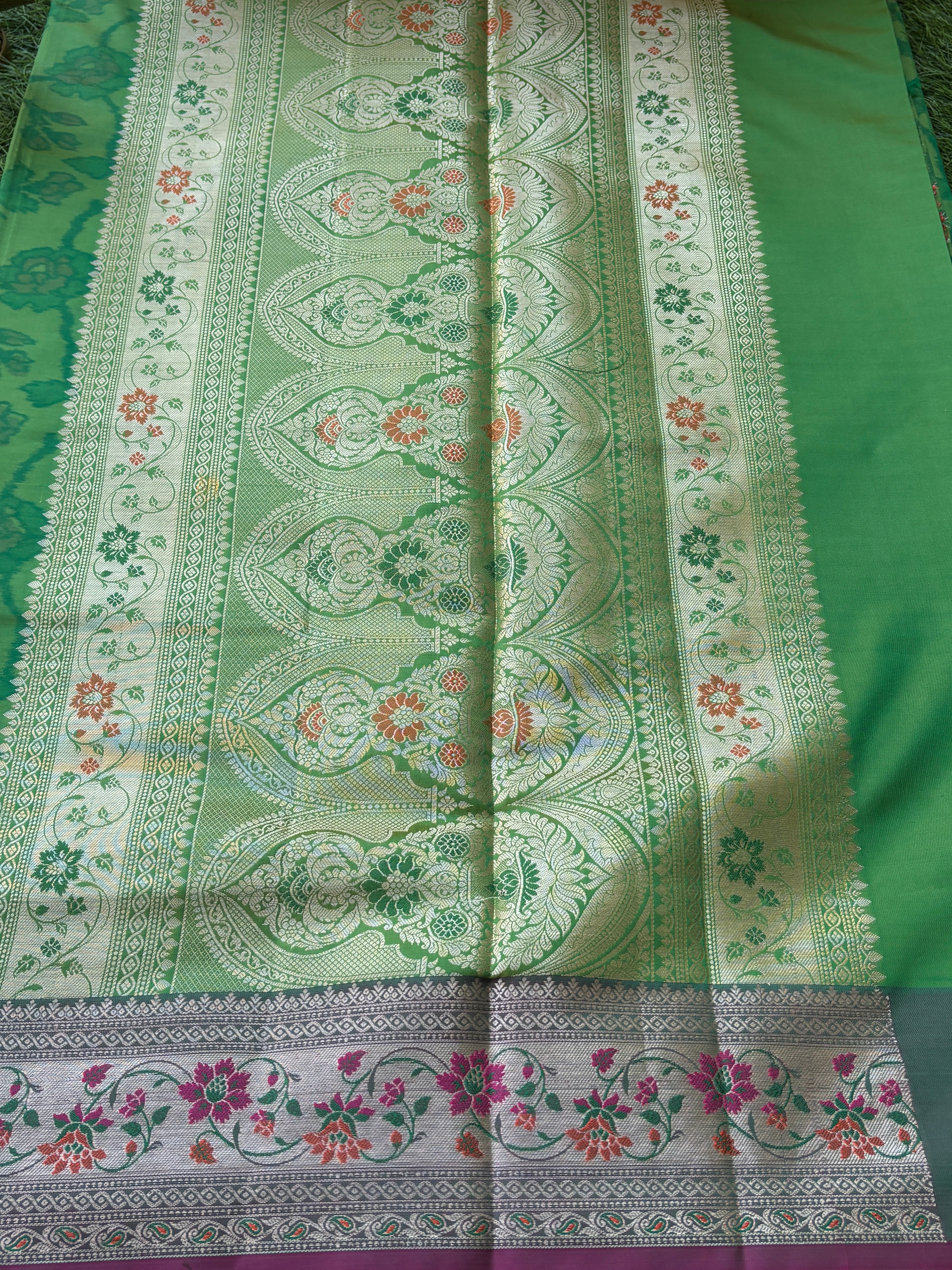 Green Art Silk Ikkat Printed Saree with Banarasi pink Border & green Blouse
