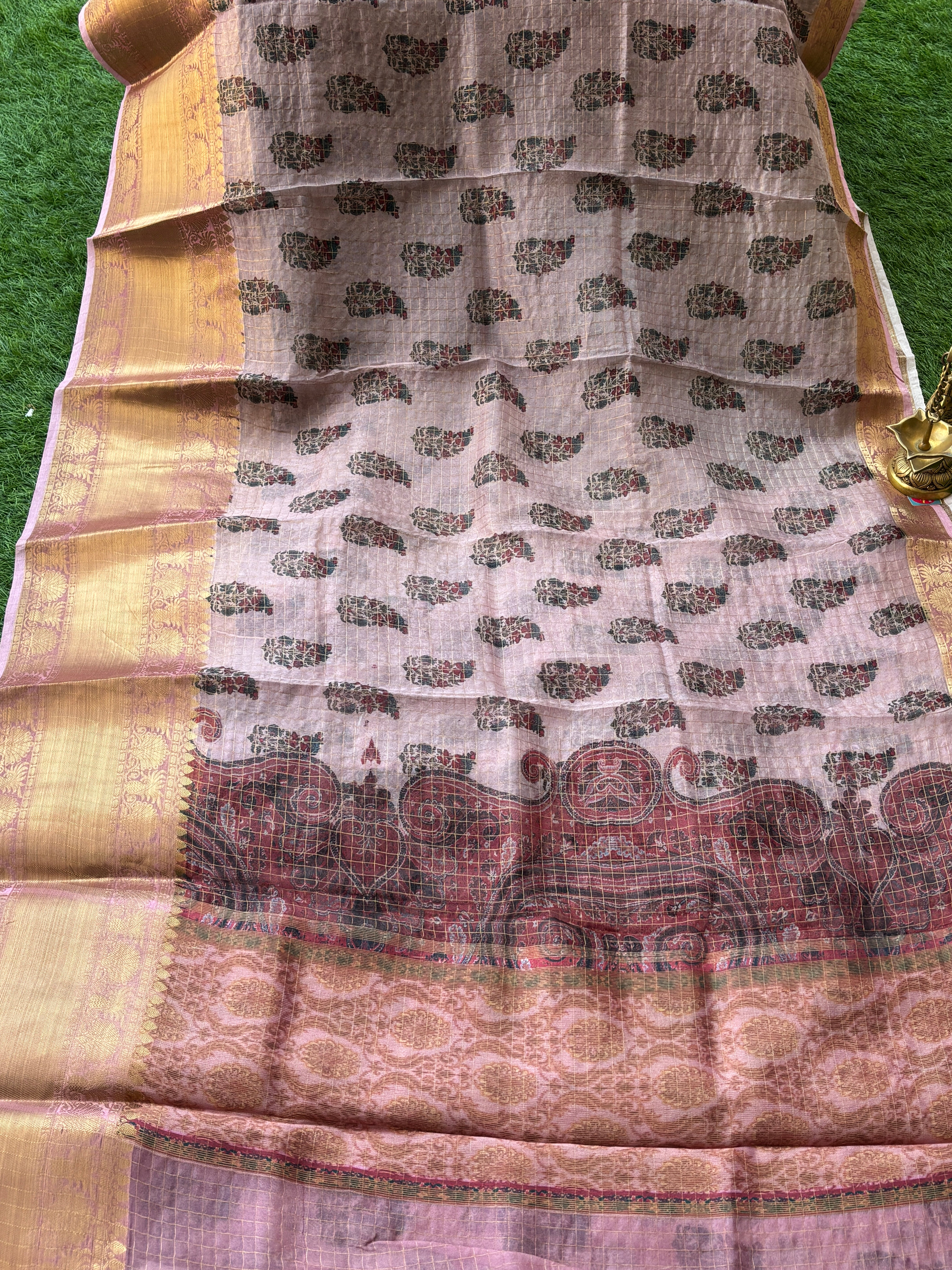 Baby Pink Pure Organza Saree with Zari Checks, Digital Print & Zari Border | Chandrika Lifestyles