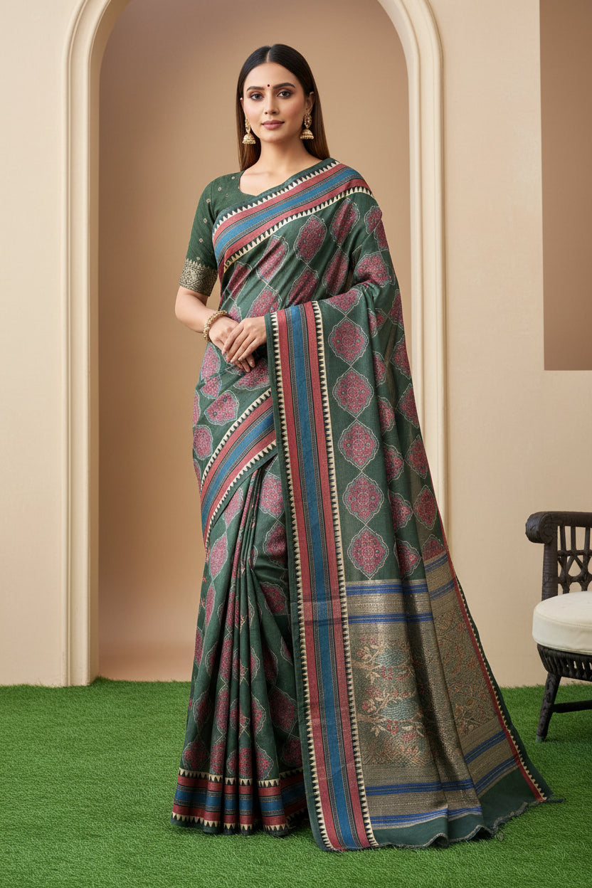 Model wearing Dark Leaf Green Half and Half Digital Print Saree with Thread Embroidery