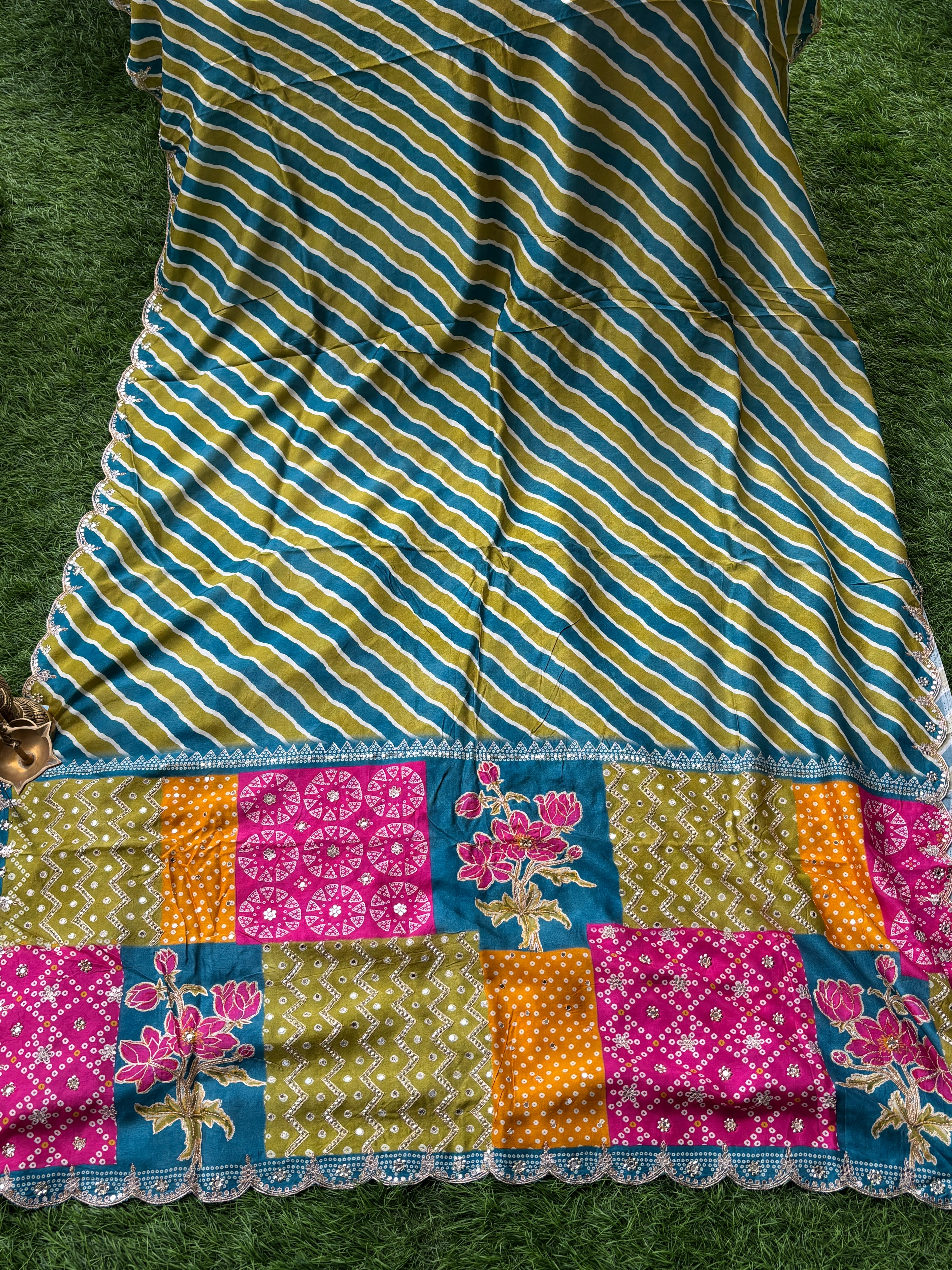 Multicolor Pure Crape Silk Leheriya Saree with Mirror Work | Chandrika Lifestyles