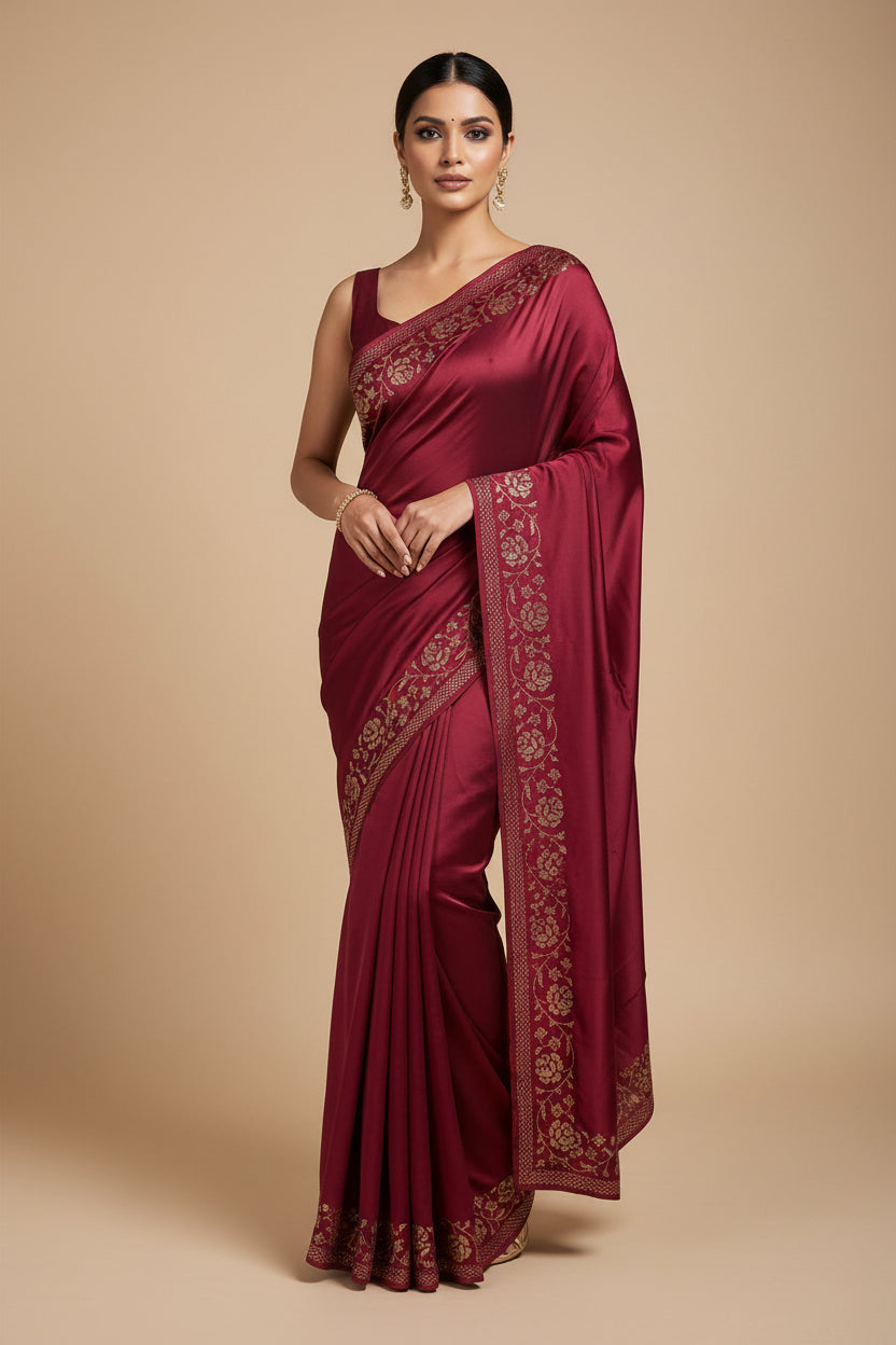 Dark Maroon Satin Silk Saree with Lotus Design | Elegant Festive Saree | Chandrika Lifestyles
