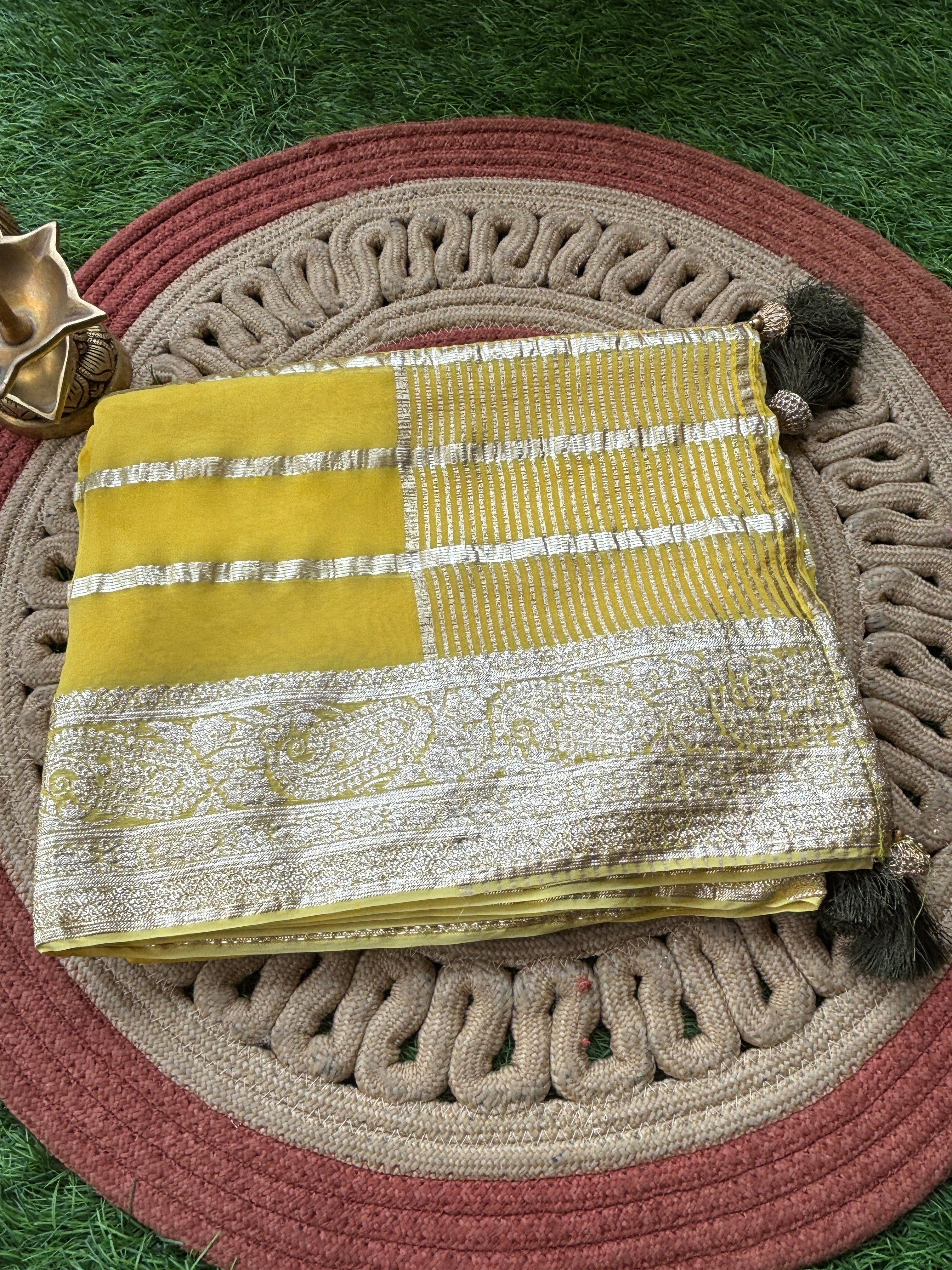 Royal Lemon Yellow Pure Georgette Saree with Silver Stripes & Heavy work Mehendi Designer Blouse