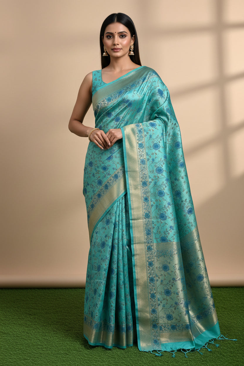 Pure Desi Tussar Silk Sea Blue Saree with All-Over Blue floral Thread Jaal Embroidery