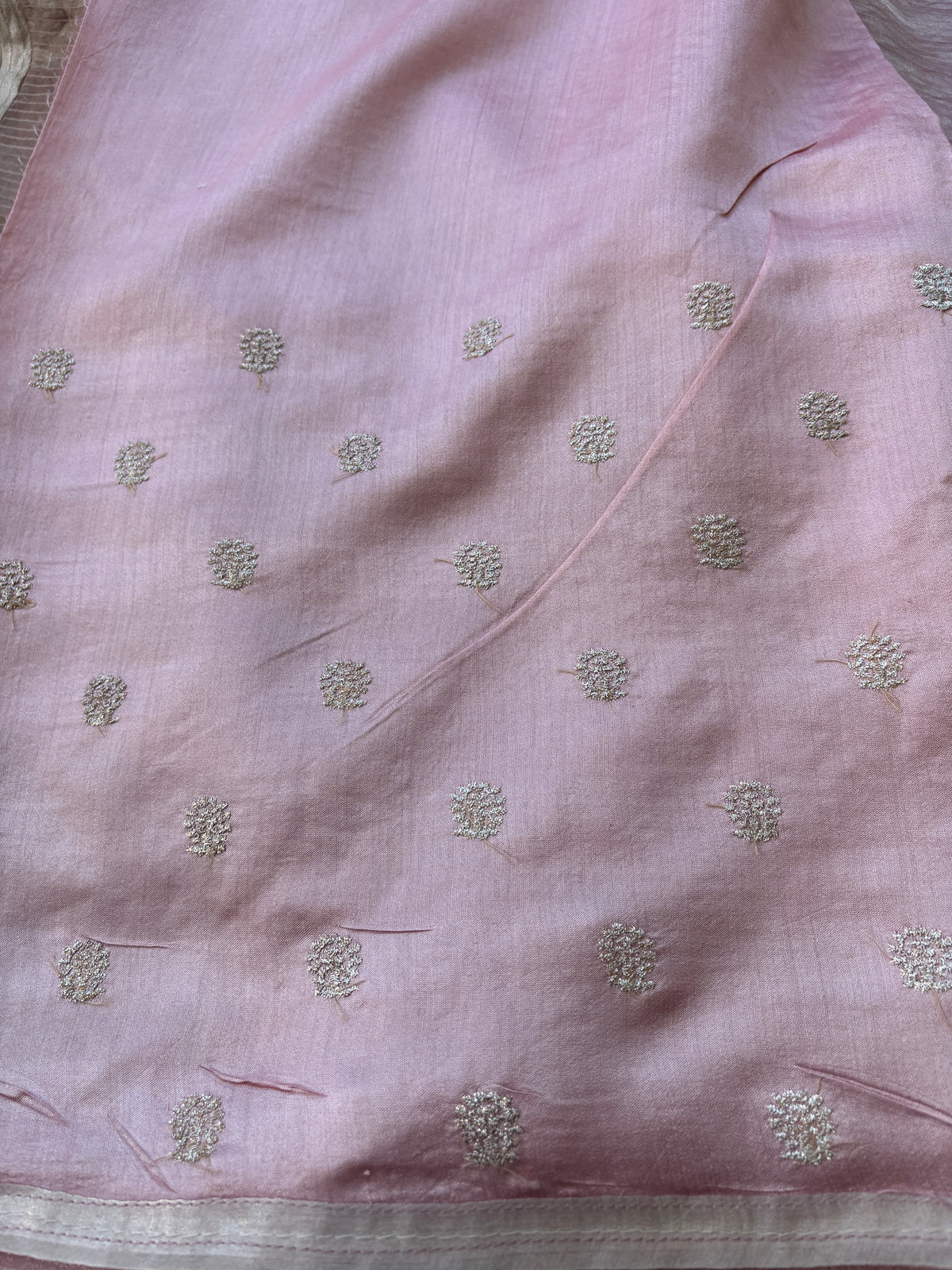 Baby Pink Pure Tissue Kora Saree with Allover Silver Zari Embroidery & Zari Pallu | Chandrika Lifestyles